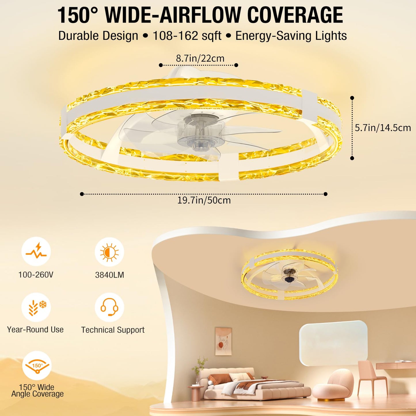 SKRFORM Ceiling Fans with Lights and Remote, 20'' Low Profile Flush Mount Ceiling Fan with 6 Speeds & 3 Color Temperature, 3000-6500K Dimmable Led Fandelier for Bedroom Livingroom, White