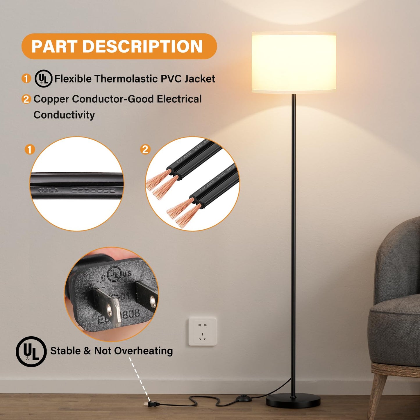 Modern Floor Lamp Simple Design with White Shade, Foot Pedal Switch, 60" Small Tall Lamps for Living Room Bedroom Office Dining Room Kitchen, Black Pole Lamp(Without Bulb)