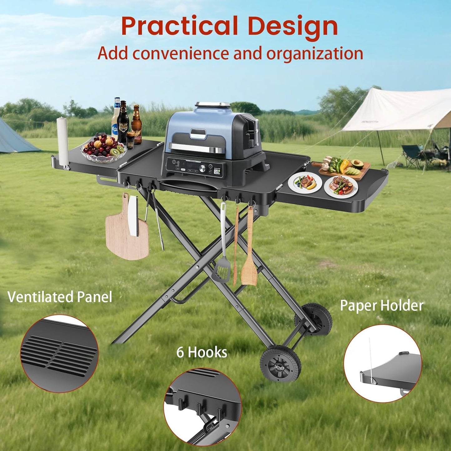 Outdoor Portable Grill Table Cart for Ninja Woodfire- OG701 OG850 OG951, 51in Large Foldable Grill Stand for Ninja Blackstone, Weber, with Paper Towel Holder and J-hooks