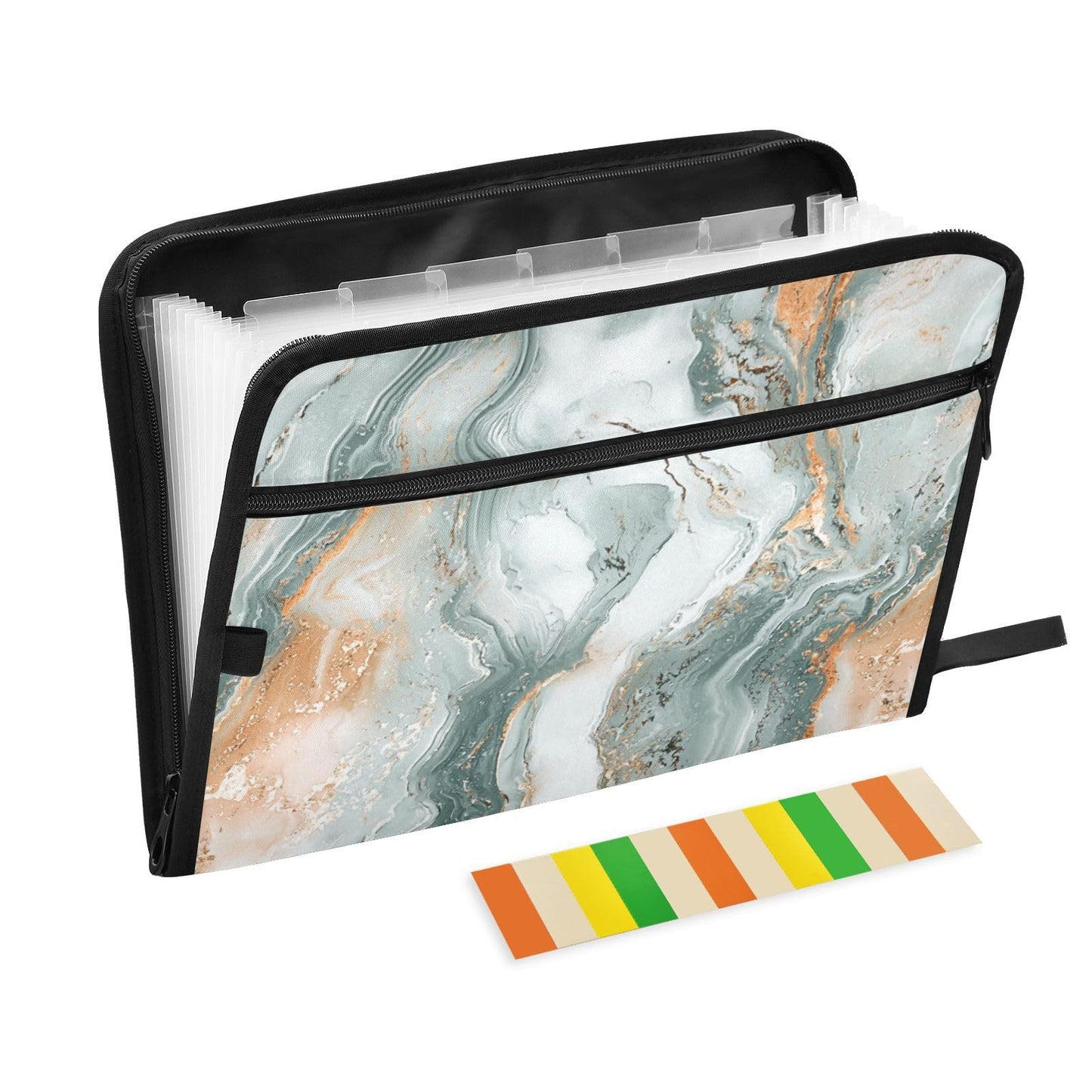 Marble Texture Green Gold File Folders,Plastic Folders with 13 Pockets,Expandable File Folder for Documents School Students Office,Aesthetic Folder with Labels A4 Letter Size