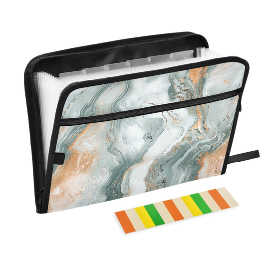 Marble Texture Green Gold File Folders,Plastic Folders with 13 Pockets,Expandable File Folder for Documents School Students Office,Aesthetic Folder with Labels A4 Letter Size