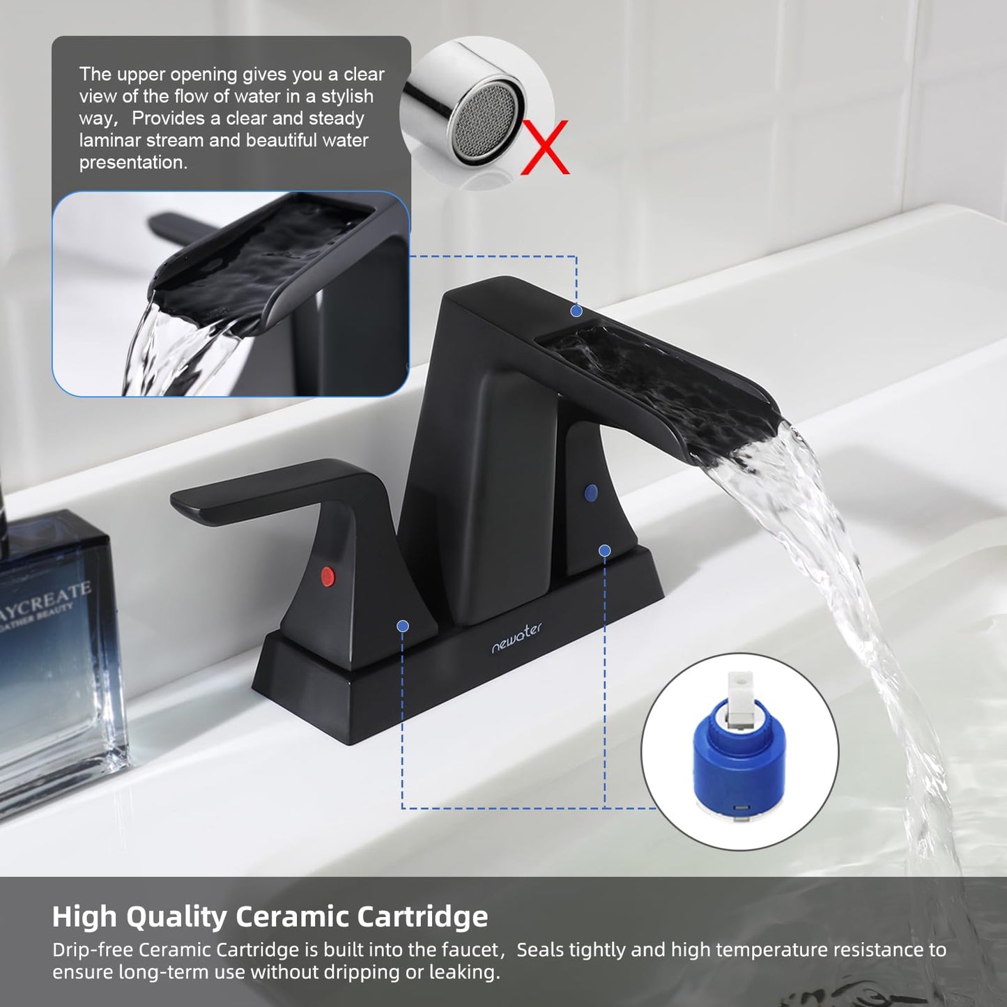 Waterfall Bathroom Faucets for Sink 2-3 Hole, NEWATER 4 inch Matte Black Bathroom Sink Faucet with Metal Pop-up Drain and 2 Supply Hoses，2-Handle Centerset Vanity Faucet for Sink