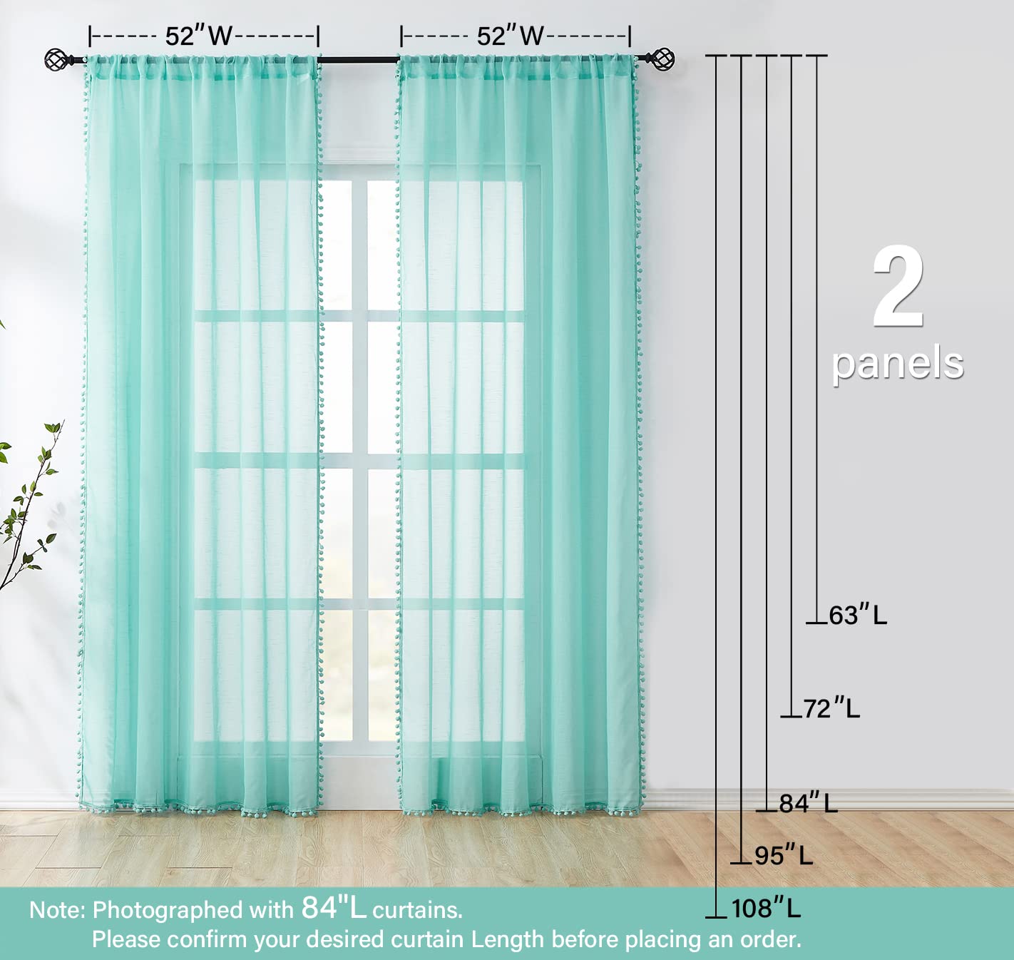 Treatmentex Aqua-Blue Pom-Pom Sheer Curtains for Bedroom Nursery Room 63inches Long Linen Textured Window Sheer Drapes 52" W, 1 Pair, Rod Pocket