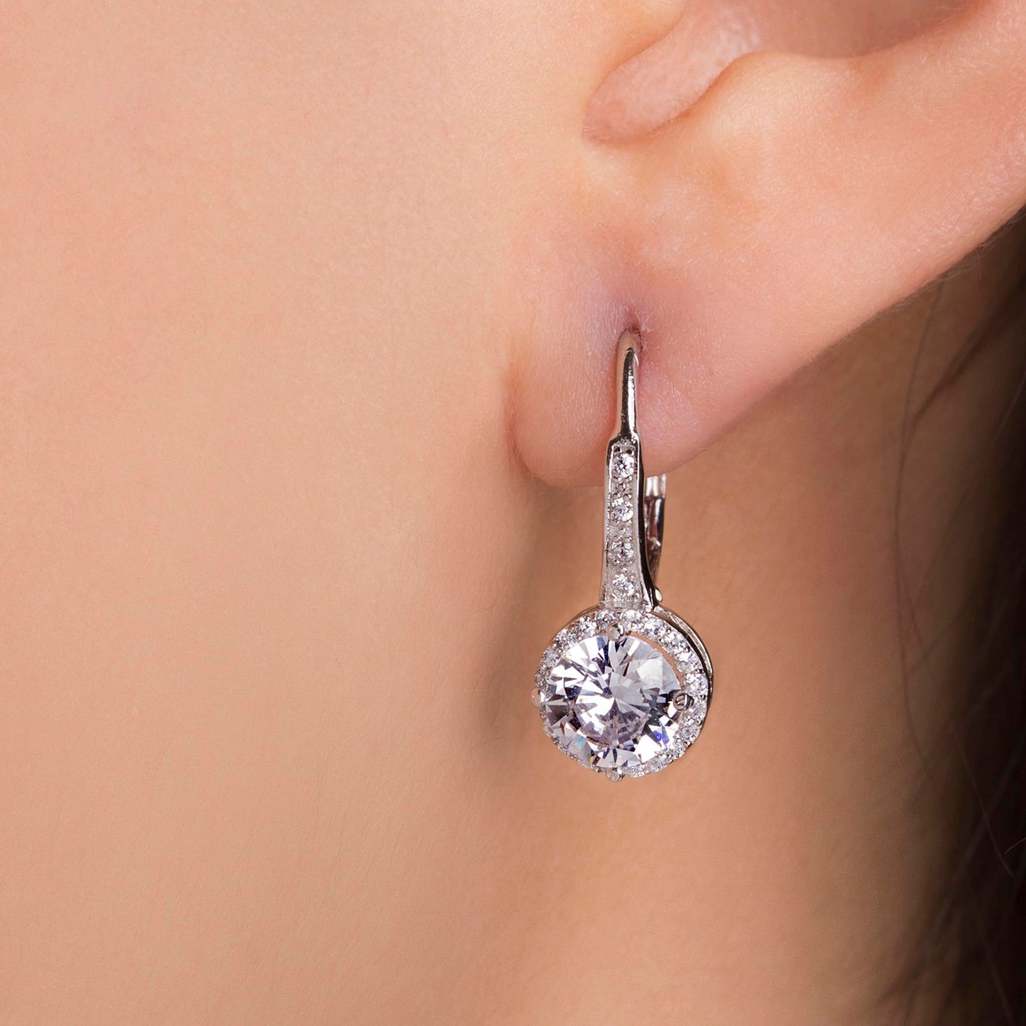 Mia Sarine Rhodium Plated 925 Sterling Silver Cubic Zirconia Halo Leverback Dangle Bridal Earrings for Women White