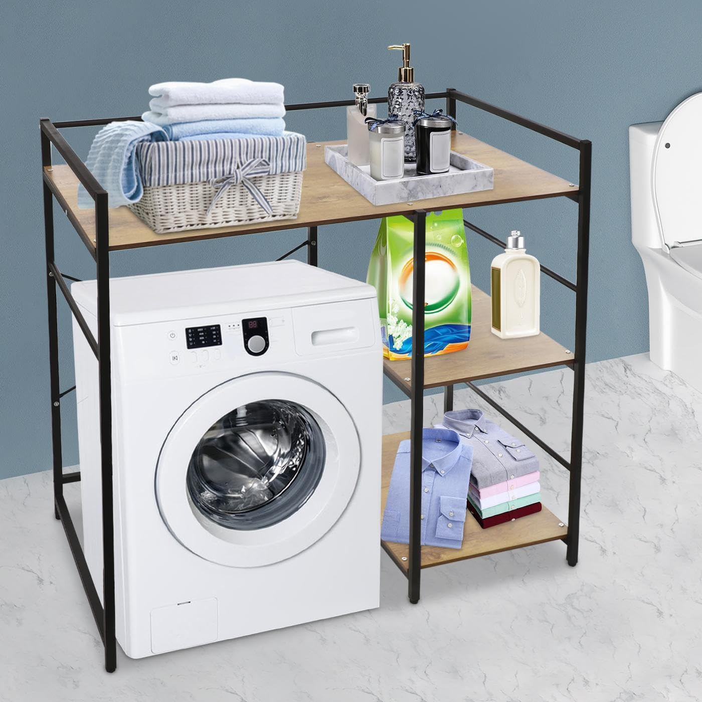 3 Tier Washing Machine Shelf, Over The Washer and Dryer Storage Shelves Space Saving Shelving Units Drying Organizer Stand with Side Racks for Laundry Room Apartment Bathroom (Black, Brown)
