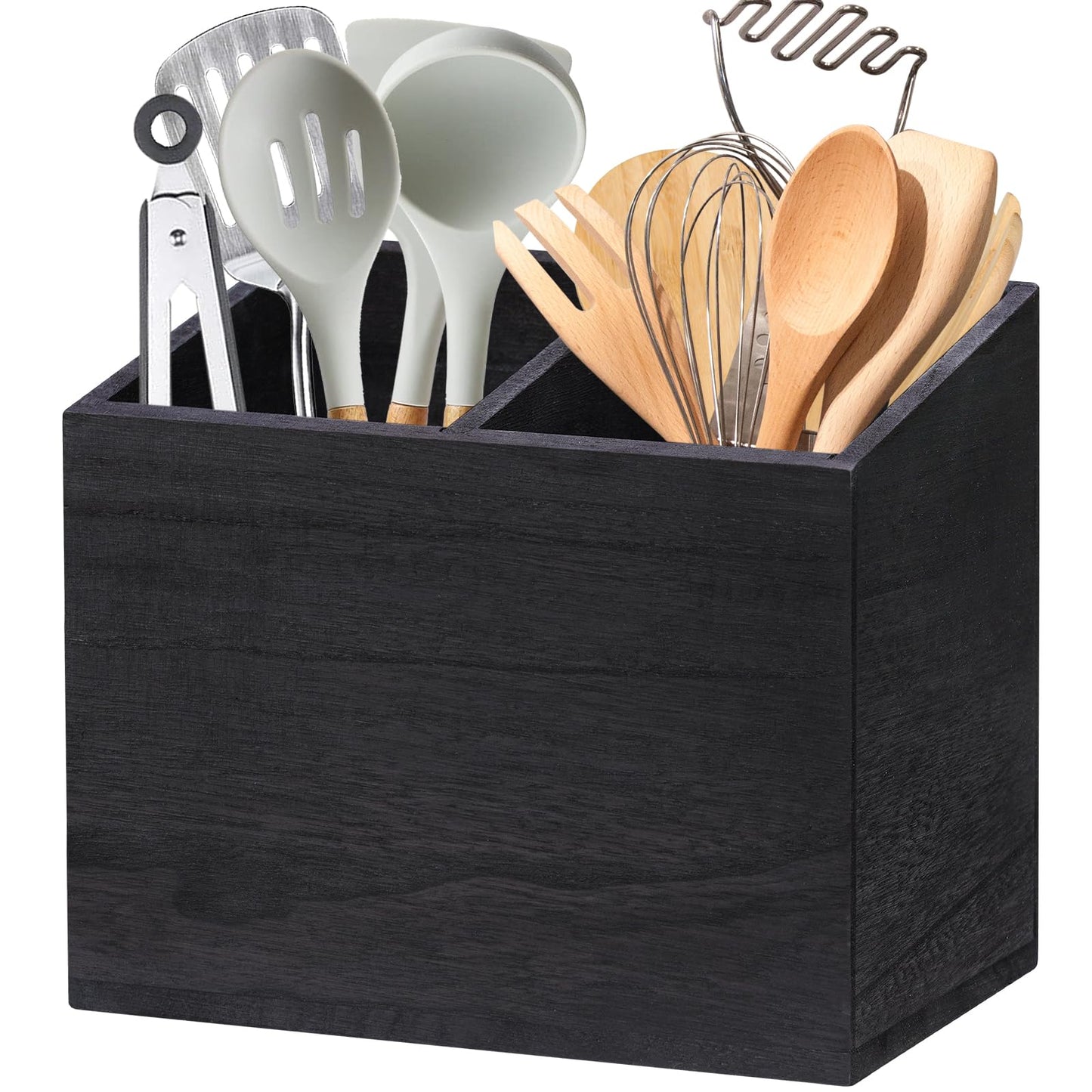 Wooden Kitchen Utensil Caddy With 2 Compartments, Rustic Utensil Holder for Kitchen Countertop, Wood Utensil Crock Organizer Box for Farmhouse Kitchen Decor (black)
