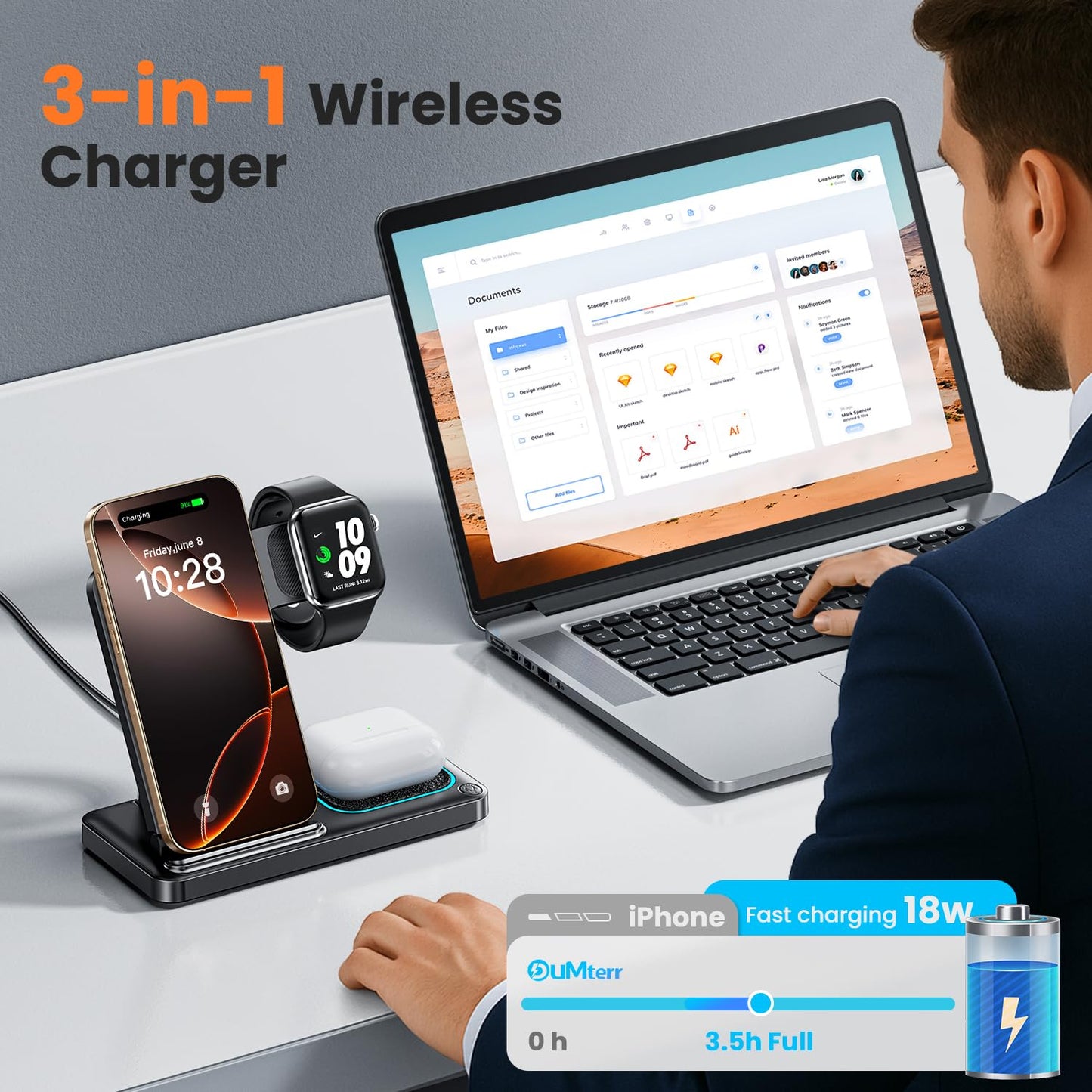 DUMTERR 3 in 1 Wireless Charger for iphone 16 15 14 13 12 11 XR 8, Apple Charging Station for Apple Watch 10/9/Ultra/8/7/SE/6/5/4 & AirPods Series, Wireless Charging Station for Multiple Devices Apple