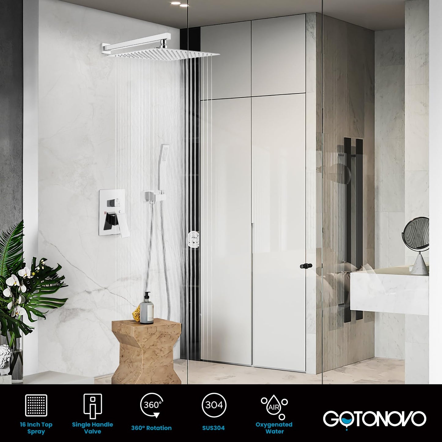 gotonovo Rainfall Bathroom Shower System Rain Shower Head and Handle Set Wall Mounted Shower Complete Combo Solid Brass Pressure Balancing Shower Mixer Valve 16 Inch Polished Chrome