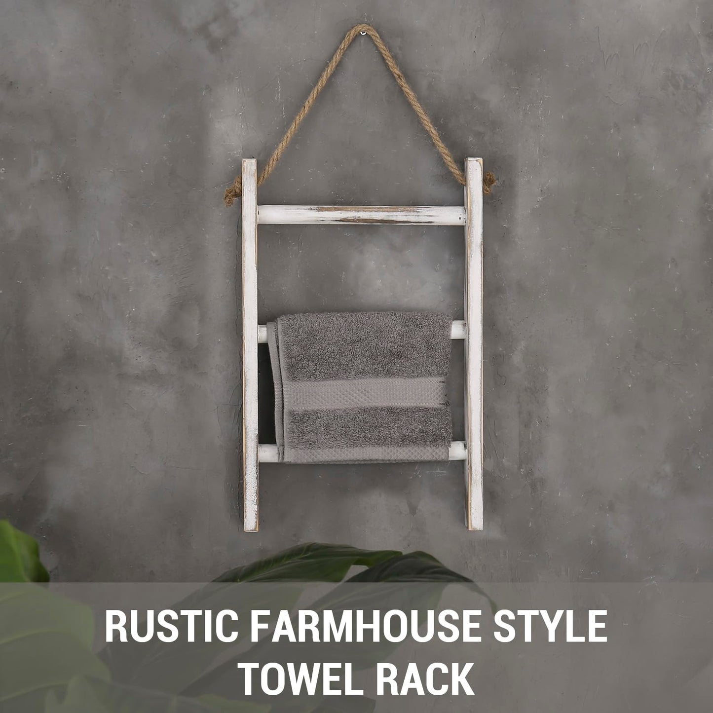 MyGift Rustic Hand Towel Holder, Whitewashed Solid Wood Farmhouse Bathroom Decor, Small Blanket Ladder for Home Decor, Wall Mounted Towel Rack for Shabby Chic Decor