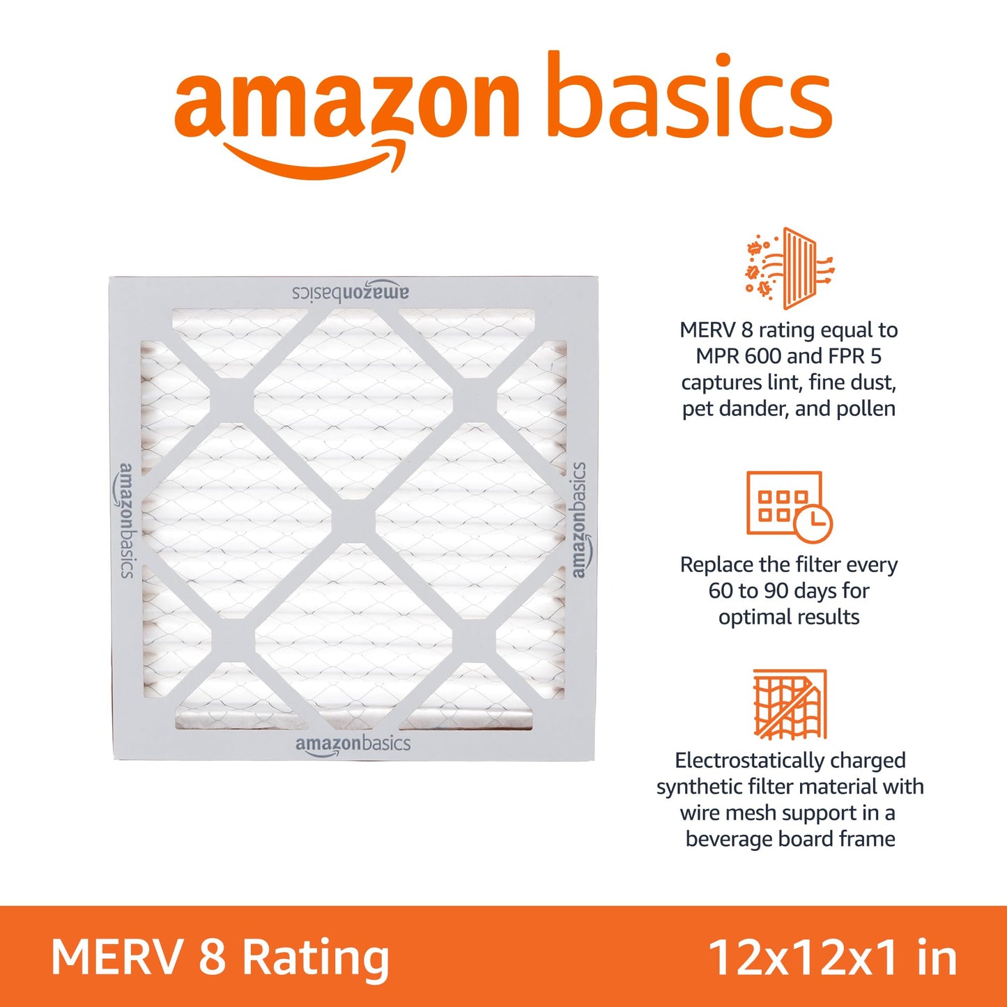 Amazon Basics 12x12x1 Air Filter 6 Pack, MERV 8 AC Furnace Filters (Actual Size: 11.75" x 11.75" x 0.75")