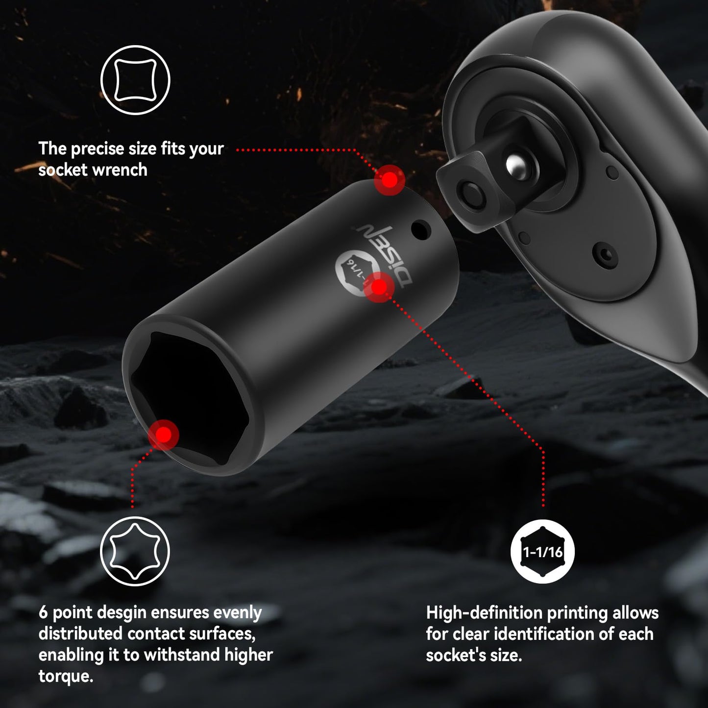 DISEN 19Pcs 1/2" SAE Impact Socket Set, Deep Sockets 3/8"- 1-1/2", 6-Point Cr-V & Alloy Steel, 1/2 Inches Drive Impact Socket Set,Rugged Construction, Enhanced Storage Case