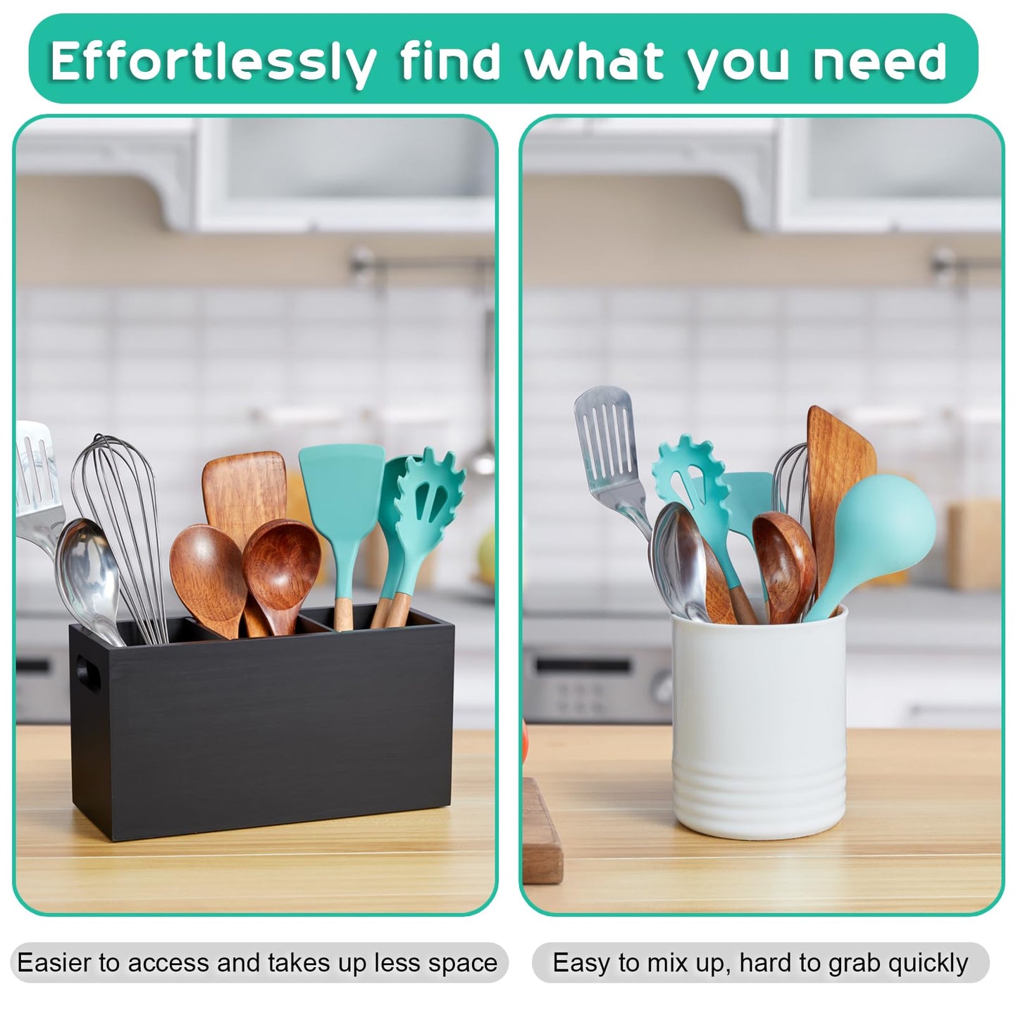 ALELION Black Kitchen Utensil Holder for Countertop - Wooden Large Utensil Caddy Organizer for Counter - 3 Compartment Cooking Utensil Crock for Silverware Spoon Spatula