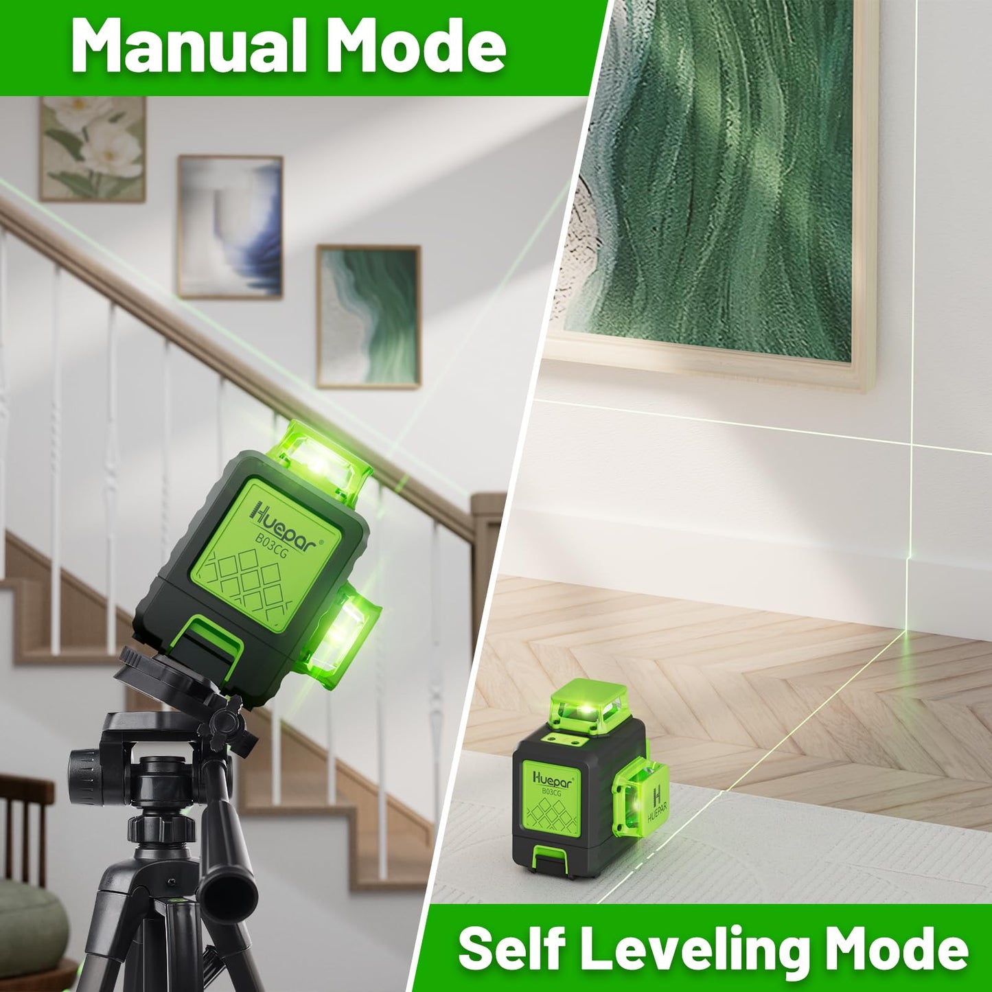 Laser Level 360 Self Leveling with 47" Tripod, Huepar 3x360° High Brightness Green Laser Leveler Tool for Construction, Tile and Picture Hanging, 5200 mAh Li-ion Battery & 2 Portable Bag Included