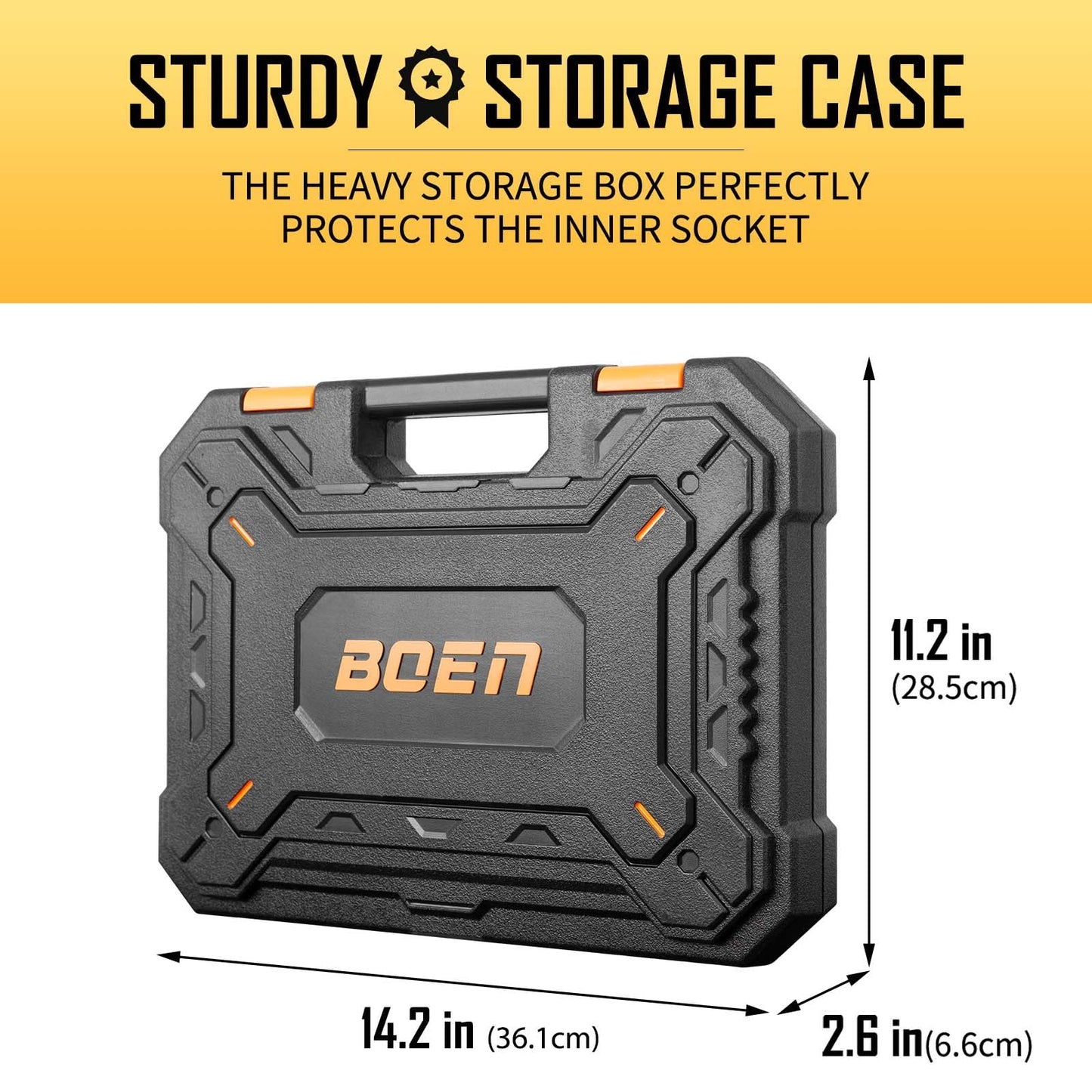 BOEN 3/8" Drive Impact Socket Set, 59-Piece Standard SAE (5/16 to 3/4 inch) and Metric (6-22mm), Include 9-Piece E-Torx Socket Set (E5-E16) 丨Ratchet Handle, Extension Bar, Universal Joint, Adapter