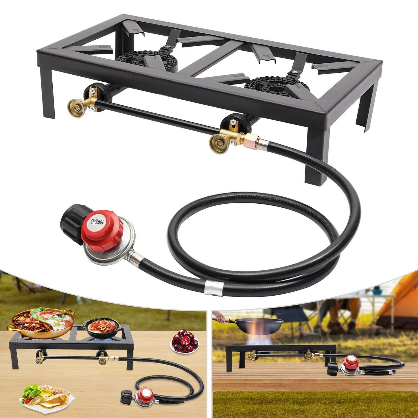 Camping Double Burner Stove, Adjustable 0-10Psi Cast Iron Camp Stove, Portable Outdoor Cooktop for Picnics & Camping & BBQ