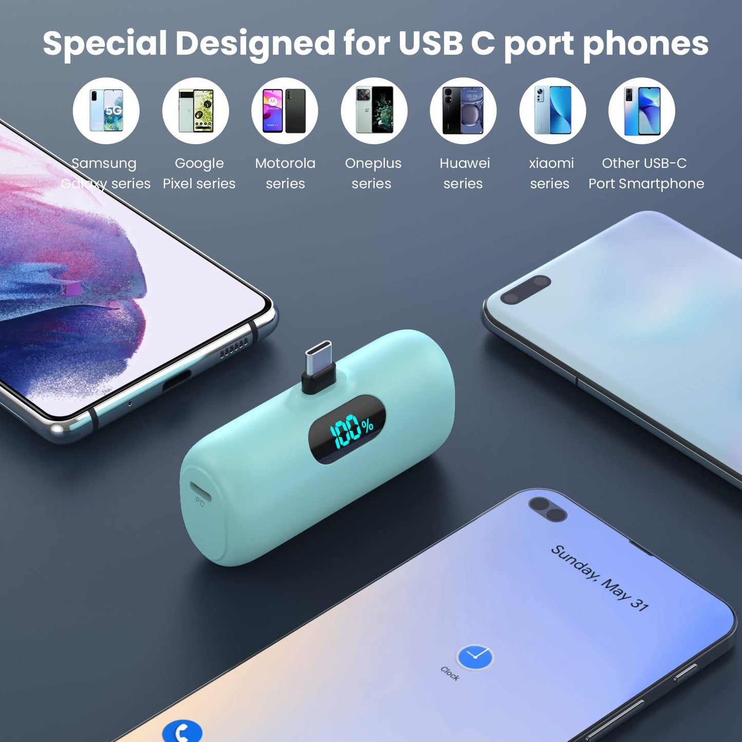 [2-Pack] Mini Portable Charger 5000mAh Power Bank,3A PD USB C Cell Phone Portable Power, LCD Display Battery Pack Compatible with iPhone 16/15/15 plus/15 pro/15 pro Max/Android/Samsung/Moto/LG etc