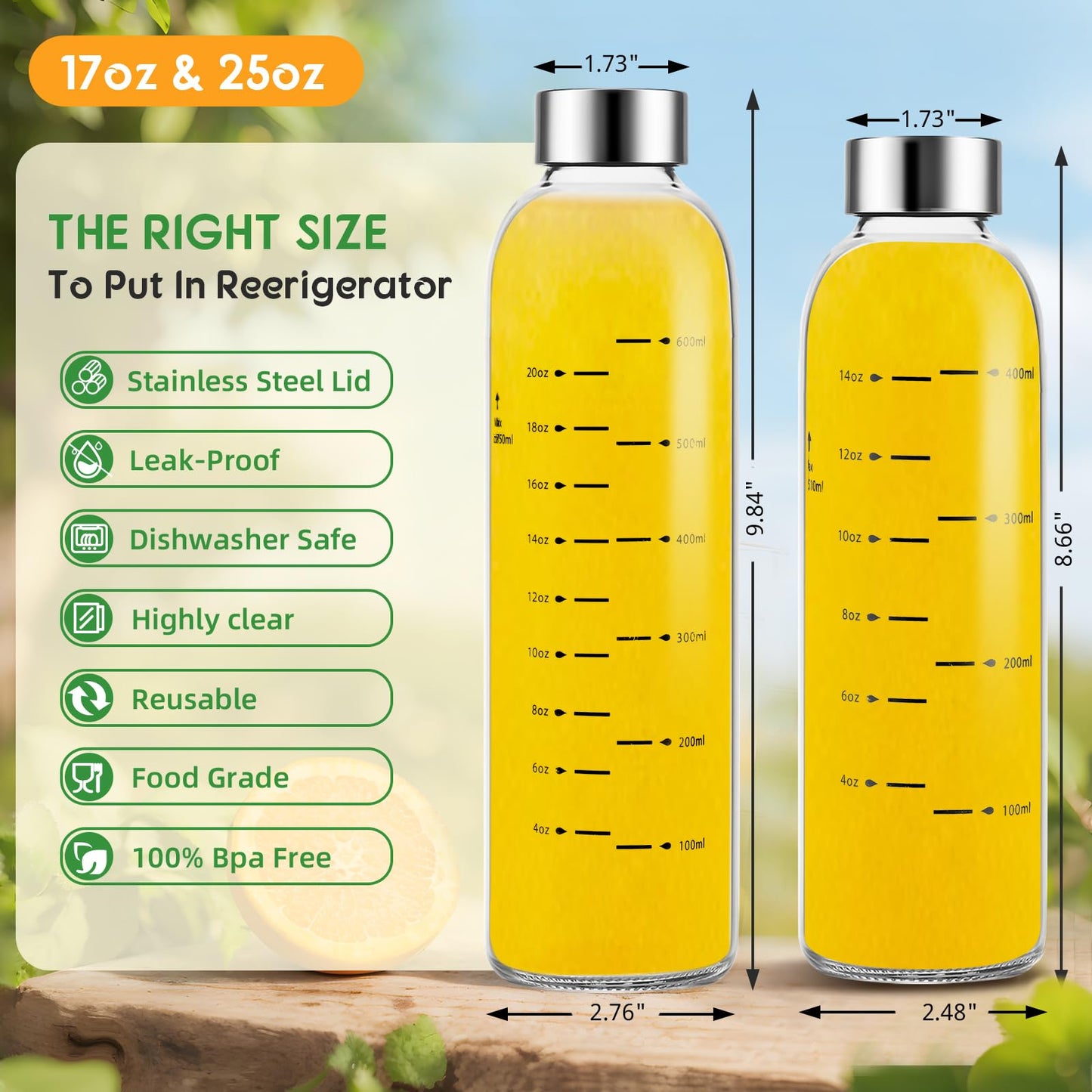 SIEROZUR Glass Juice Bottles With Lids 17oz- 6 Pack, Clear Water Bottle, Juicing Bottles Reusable Glass With Stainless Steel Cap, Drinking bottles for Refrigerator,100% Leak Proof, BPA Free