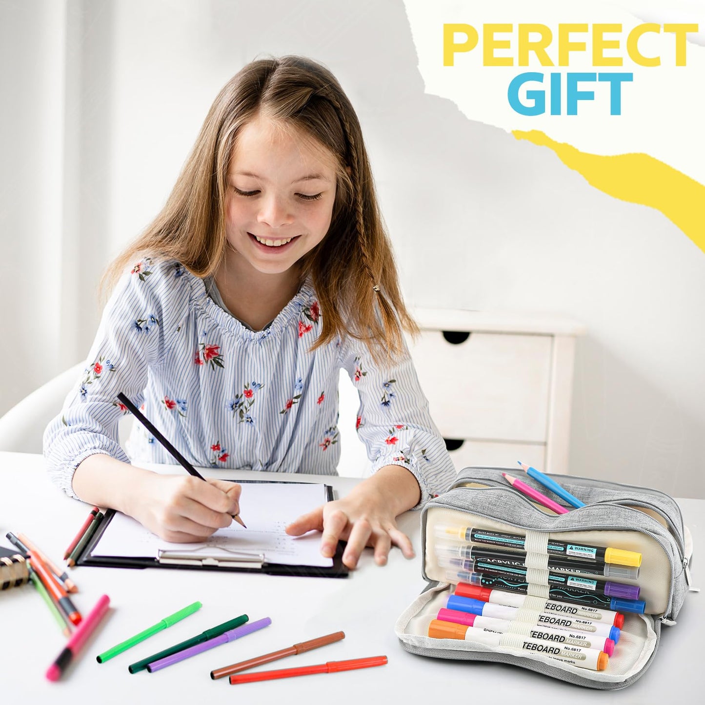 Large Capacity Pencil Case Pencil Pouch Pen Bag with 3 Compartment Stationery Organizer with Zipper, School Supplies Organizer for Teen Adults (Grey)