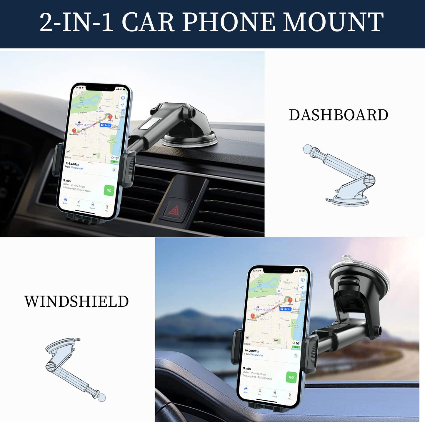 Car Phone Holder, Cell Phone Holder Truck Mount for Dashboard Windshield Vents, All Smartphones and All Models
