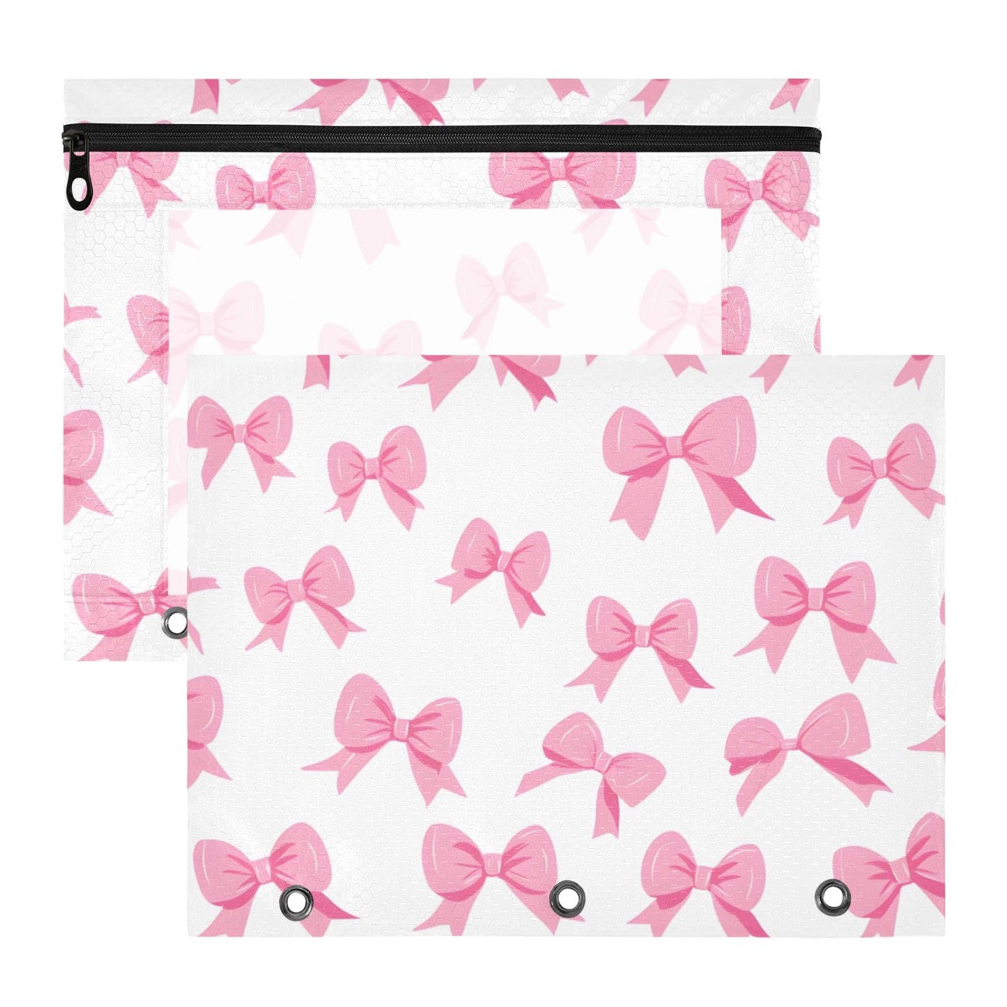 PIMILAGU Pink Bow White Background Pencil Pouch for 3 Ring Binder, Binder Pencil Pouches with Clear Window Zipper Pencil Case Bag for School Office Supplies, 2PCS