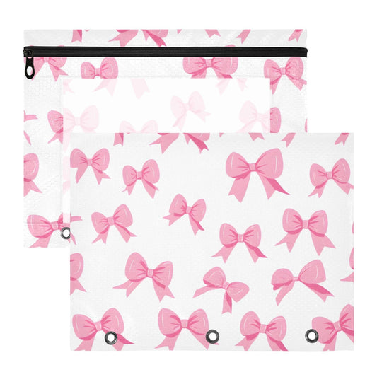 PIMILAGU Pink Bow White Background Pencil Pouch for 3 Ring Binder, Binder Pencil Pouches with Clear Window Zipper Pencil Case Bag for School Office Supplies, 2PCS