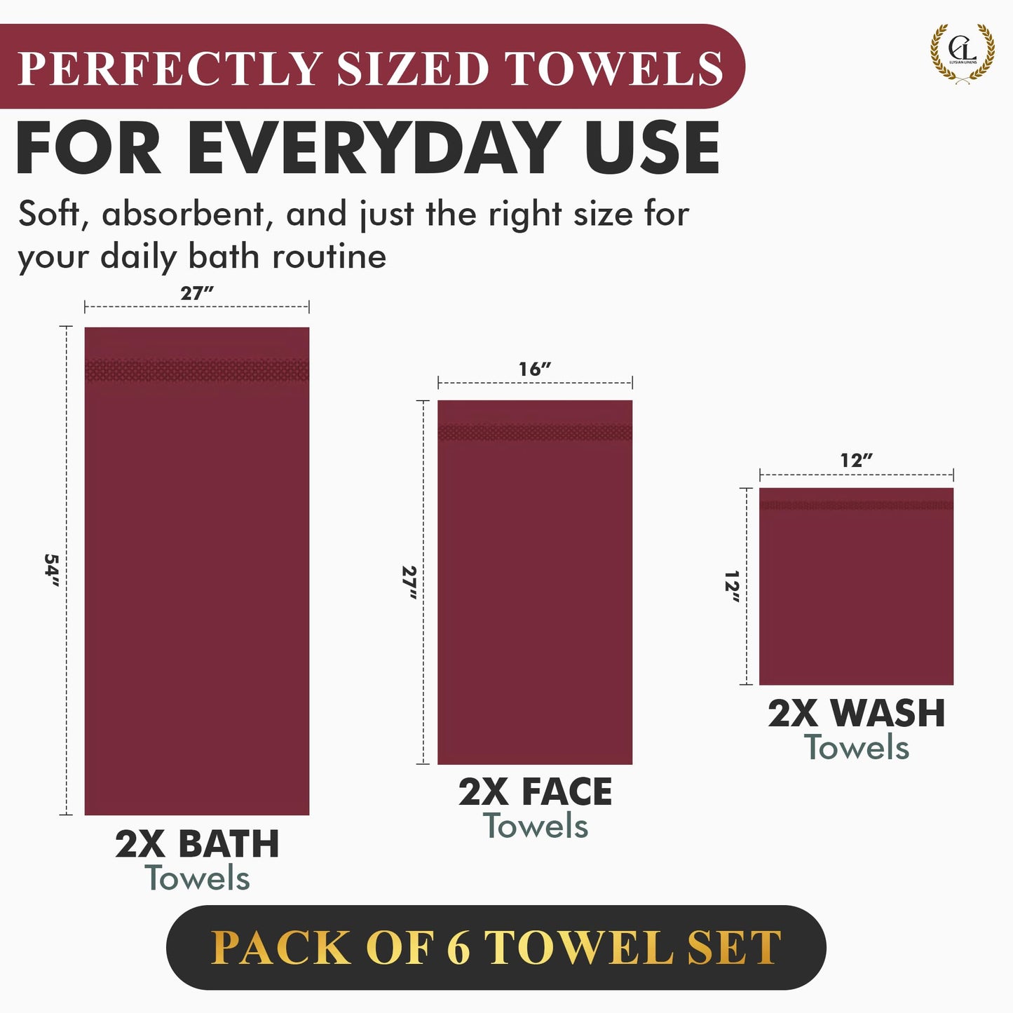 Elysian Linens Bath Towels Highly Absorbent Soft Fade Resistant 100% Cotton Bath Towels Hand Towels and Washcloth Set (Elysian Linens Crimson Comfort) 6-Piece 600 GSM