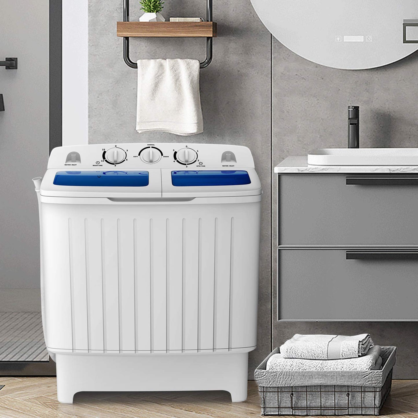 COSTWAY Portable Washing Machine, Twin Tub 20 Lbs Capacity, Compact Laundry Washer(12 Lbs) and Spinner(8 Lbs), Durable Design, Timer Control, Perfect for RV, Apartments and Dorms, Blue+White
