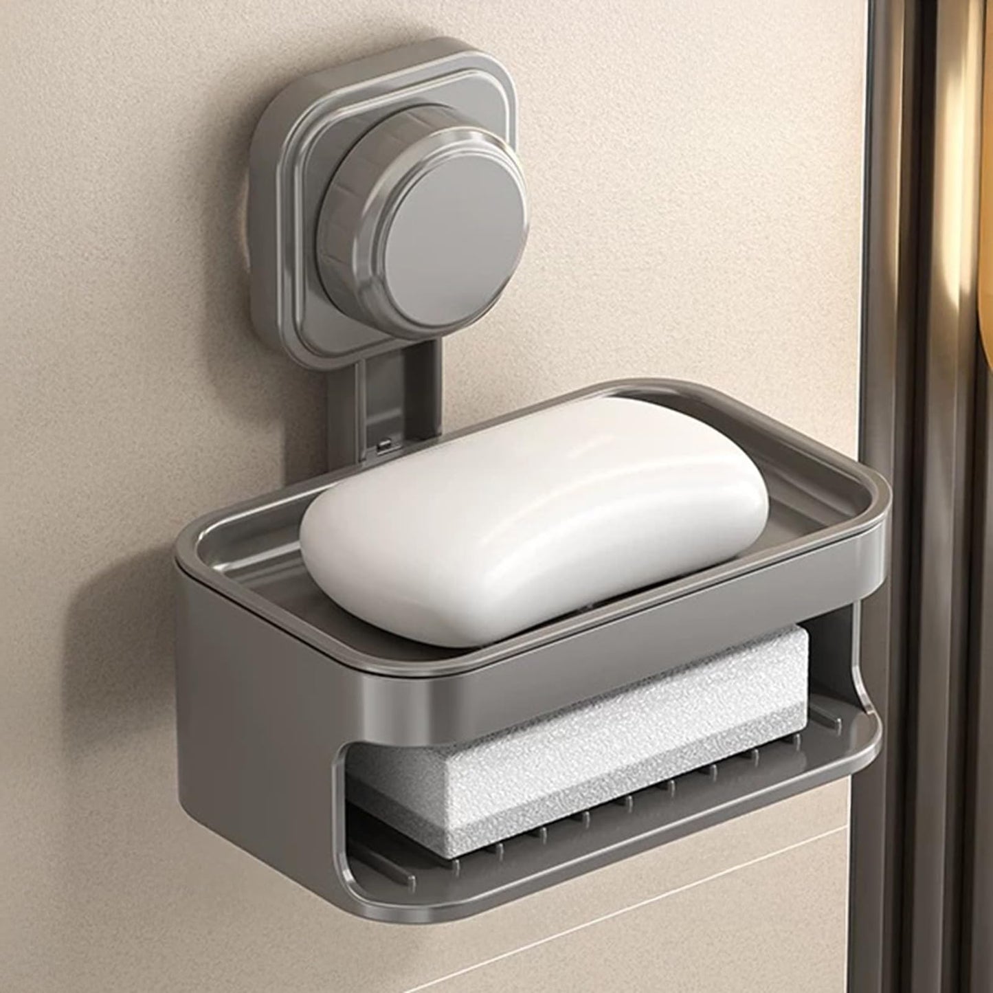 Soap Holder for Shower Wall, Suction Cup Soap Dish with Drainage, No Drilling Bar Soap Sponge Holder for Bathroom Bathtub Kitchen Sink, Removable Suction Shower Caddy (Grey)