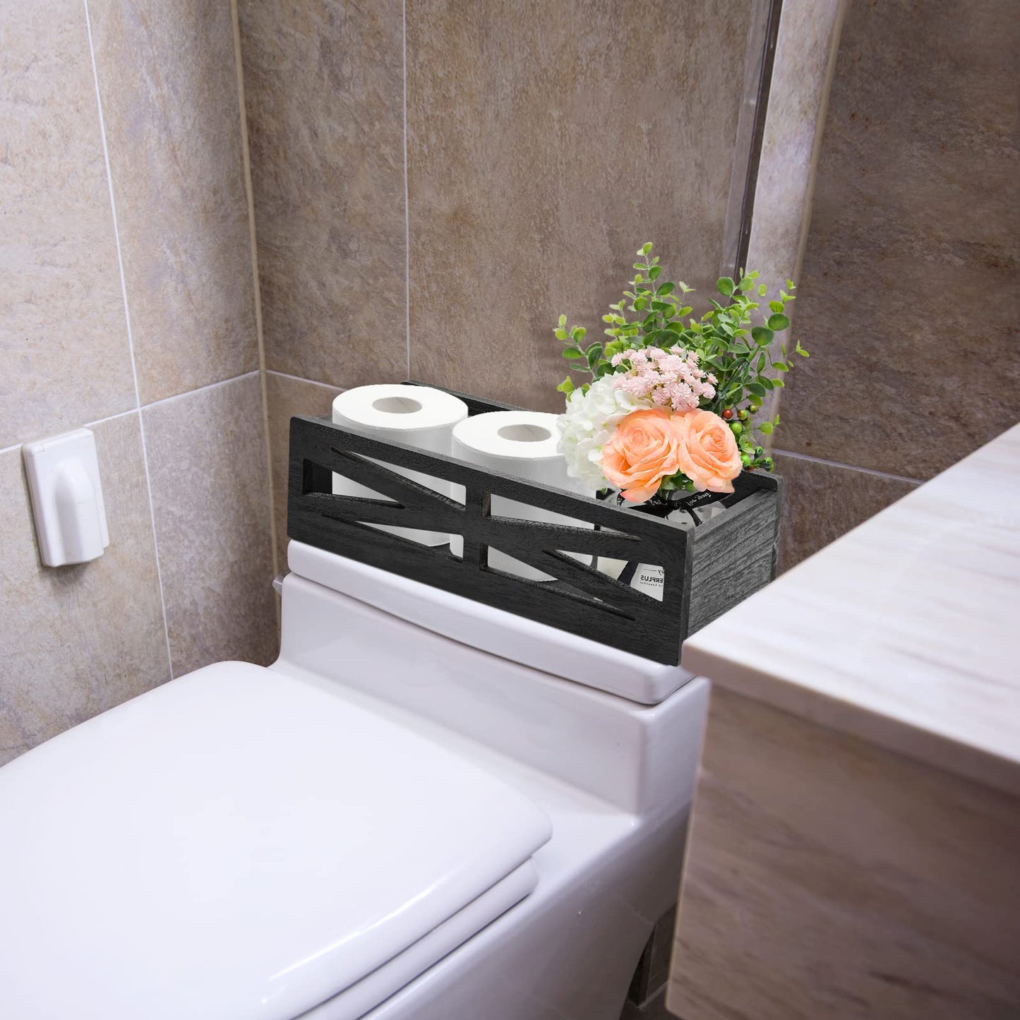 Wooden Bathroom Decor Box, Rustic Toilet Tank Holder, Farmhouse Toilet Paper Organizer Holder Storage Box Perfect for Living Room, Table Counter and Kitchen (Black)