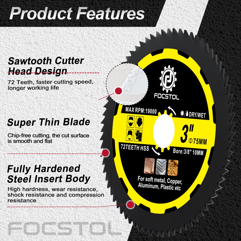 FOCSTOL Saw Blade Set - 4pcs 3''(75mm) Cutting Disc for Cutting Wood Metal Plastic for Angle Grinder Arbor 3/8''(10mm)