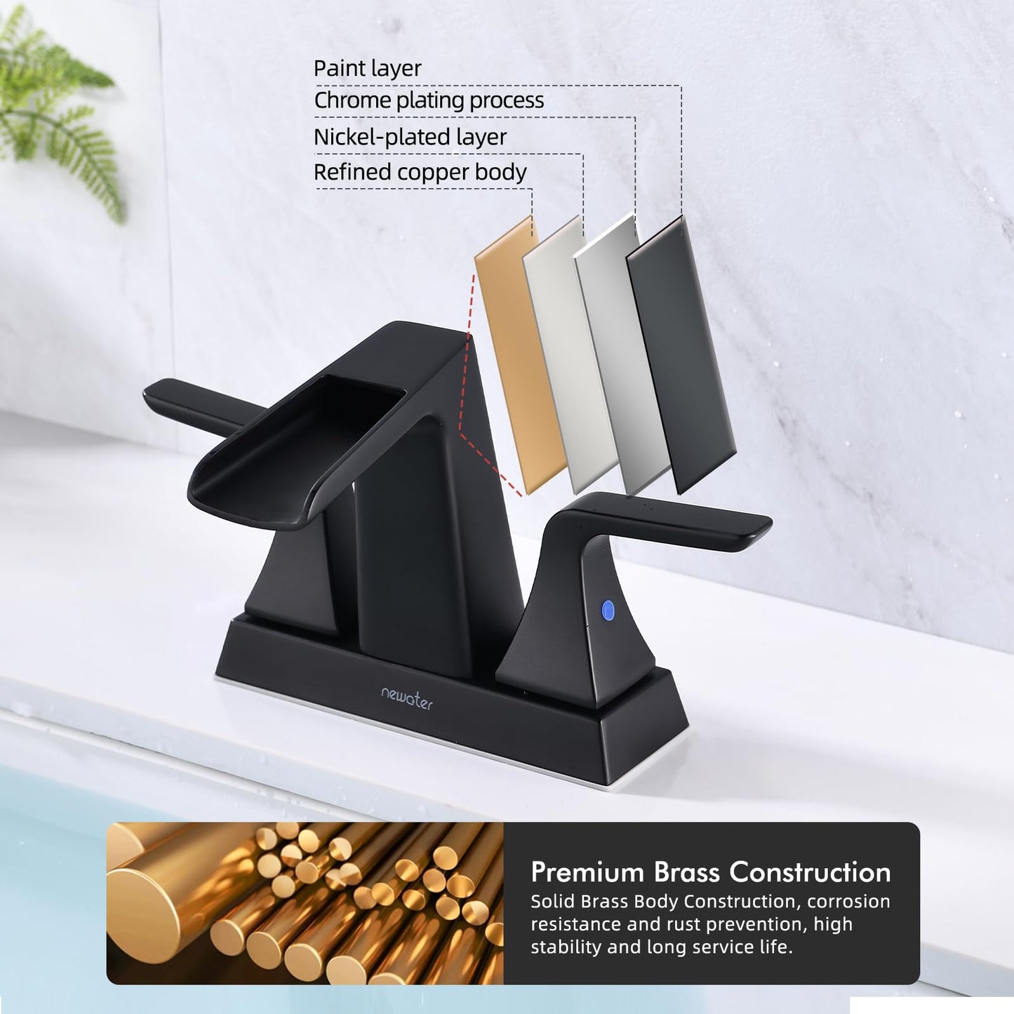 Waterfall Bathroom Faucets for Sink 2-3 Hole, NEWATER 4 inch Matte Black Bathroom Sink Faucet with Metal Pop-up Drain and 2 Supply Hoses，2-Handle Centerset Vanity Faucet for Sink