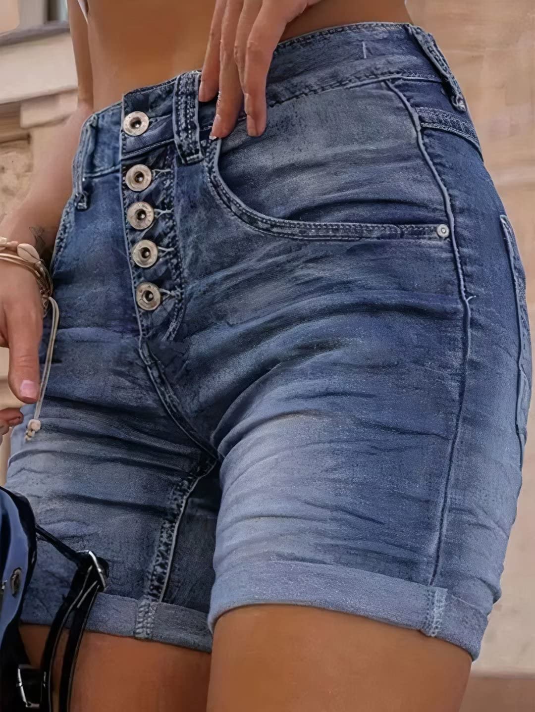 Flamingals Women's Button Fly Denim Shorts for Women Mid Waist Casual Bermuda Jeans Shorts Navy Blue M