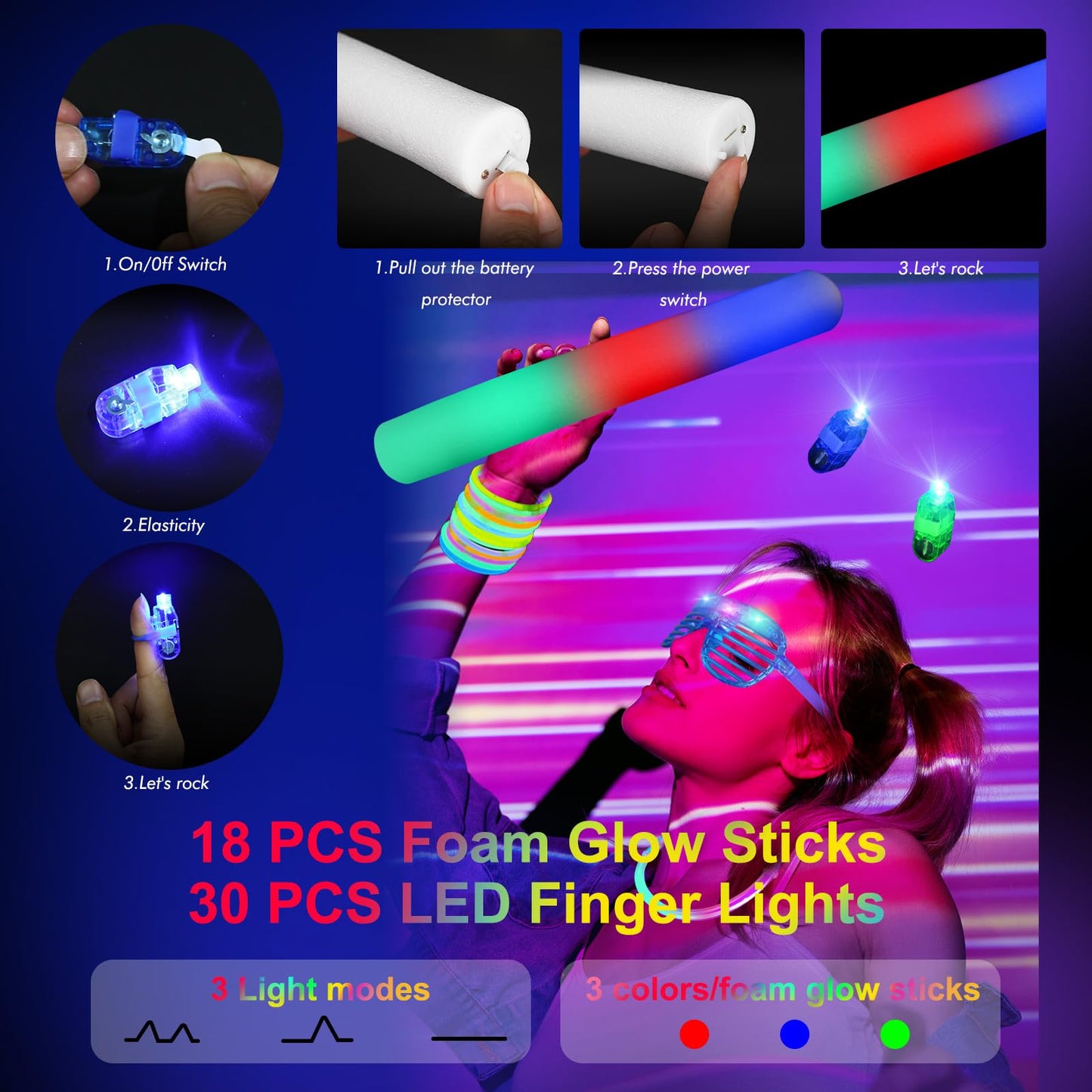 OLUPP 282 PCS Glow in the Dark Party Supplies, 18 Foam Sticks, 18 LED Glasses, 200 Glow Sticks, 30 Finger Lights, 8 Bunny Ear Headband and 8 LED Cat Ear Headband for Wedding,Birthday,Concert,New Year