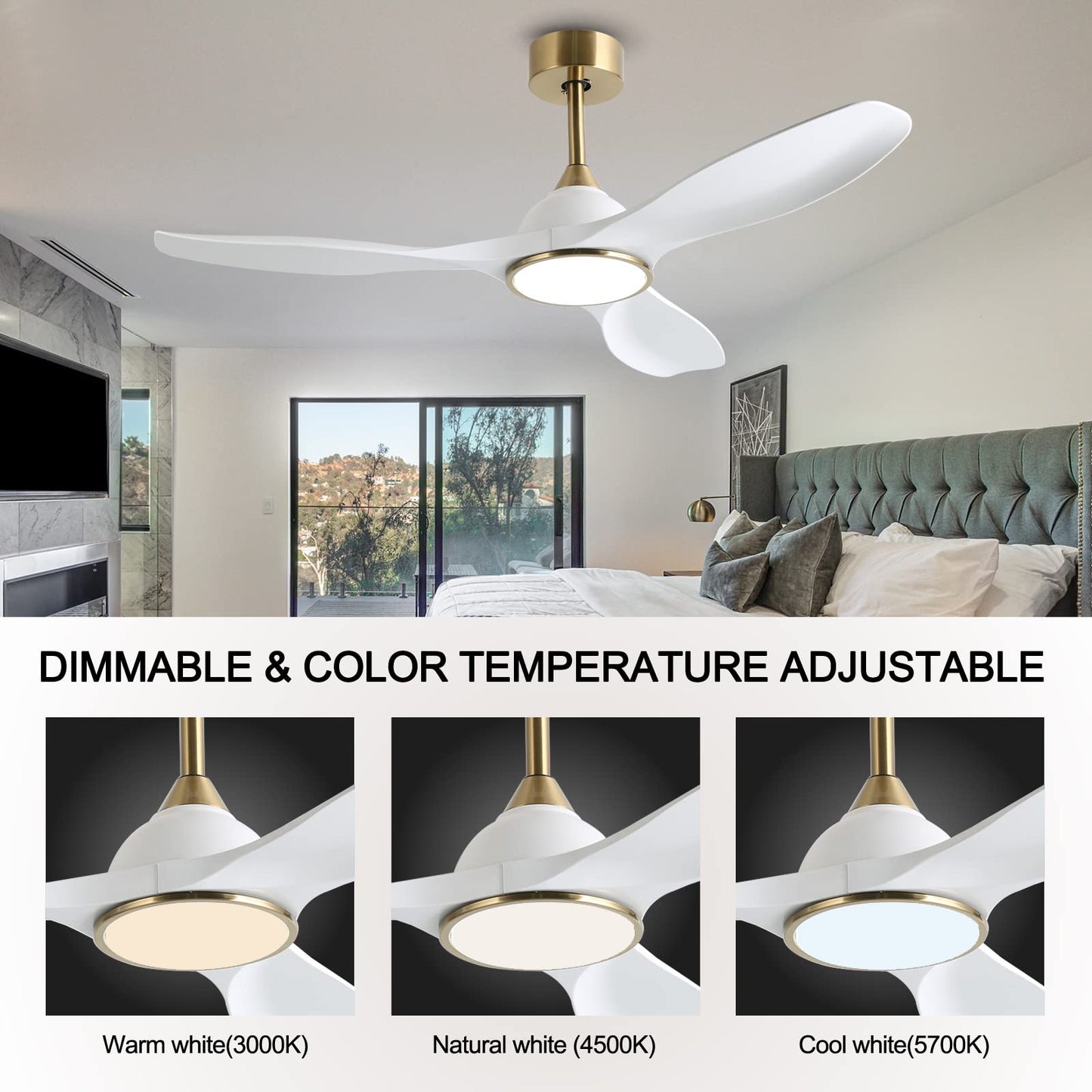 Fanliving 52 Inch 6 Speed High CFM Quiet DC Motor Modern Ceiling Fan with Lights Remote Control, 3 Blade White Gold Indoor Bedroom Living Room Ceiling Fan