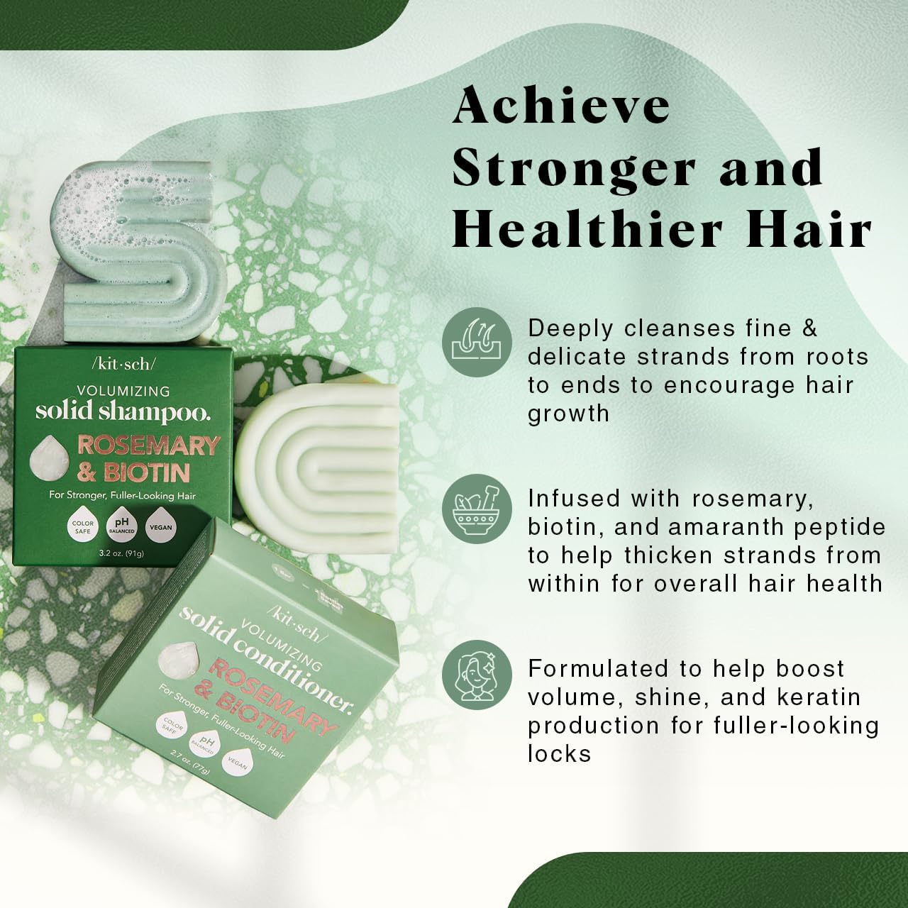 Kitsch Rosemary & Biotin Shampoo and Conditioner Set for Hair Growth - Strengthening, Thickening & Volumizing Shampoo and Conditioner Bar - Paraben, Sulfate & Silicone Free - Made in USA - 2 pack