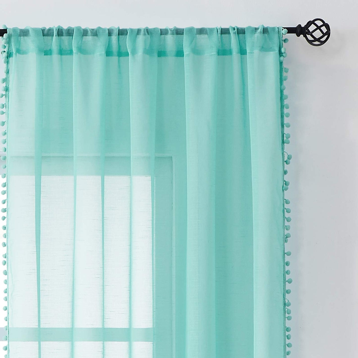 Treatmentex Aqua-Blue Pom-Pom Sheer Curtains for Bedroom Nursery Room 63inches Long Linen Textured Window Sheer Drapes 52" W, 1 Pair, Rod Pocket