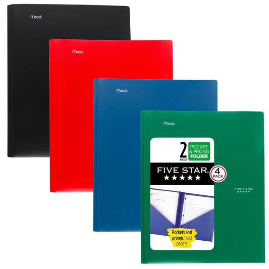 Five Star 2-Pocket Folder, 4 Pack, Plastic Folder with Prong Fasteners, Holds 8-1/2" x 11" Paper, Black, Fire Red, Forest Green, Pacific Blue (38140)