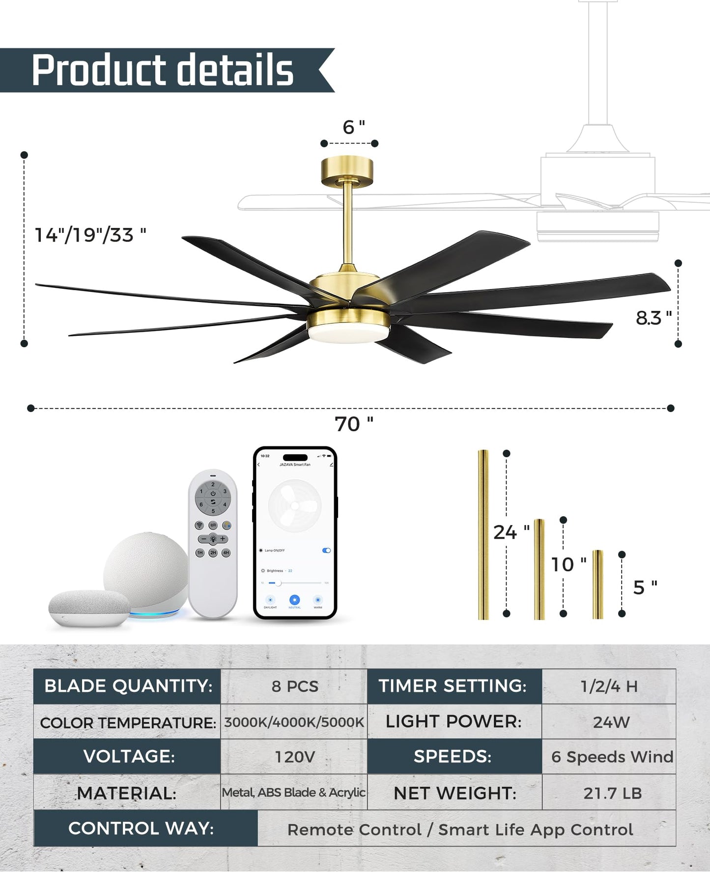 JAZAVA Black and Gold Ceiling Fan, 70 Inch Ceiling Fans with Lights and Remote, 8 ABS Blades, Reversible DC Motor,3CCT Dimmable, Modern Smart Ceiling Fans with Voice Control, CF01-BGB