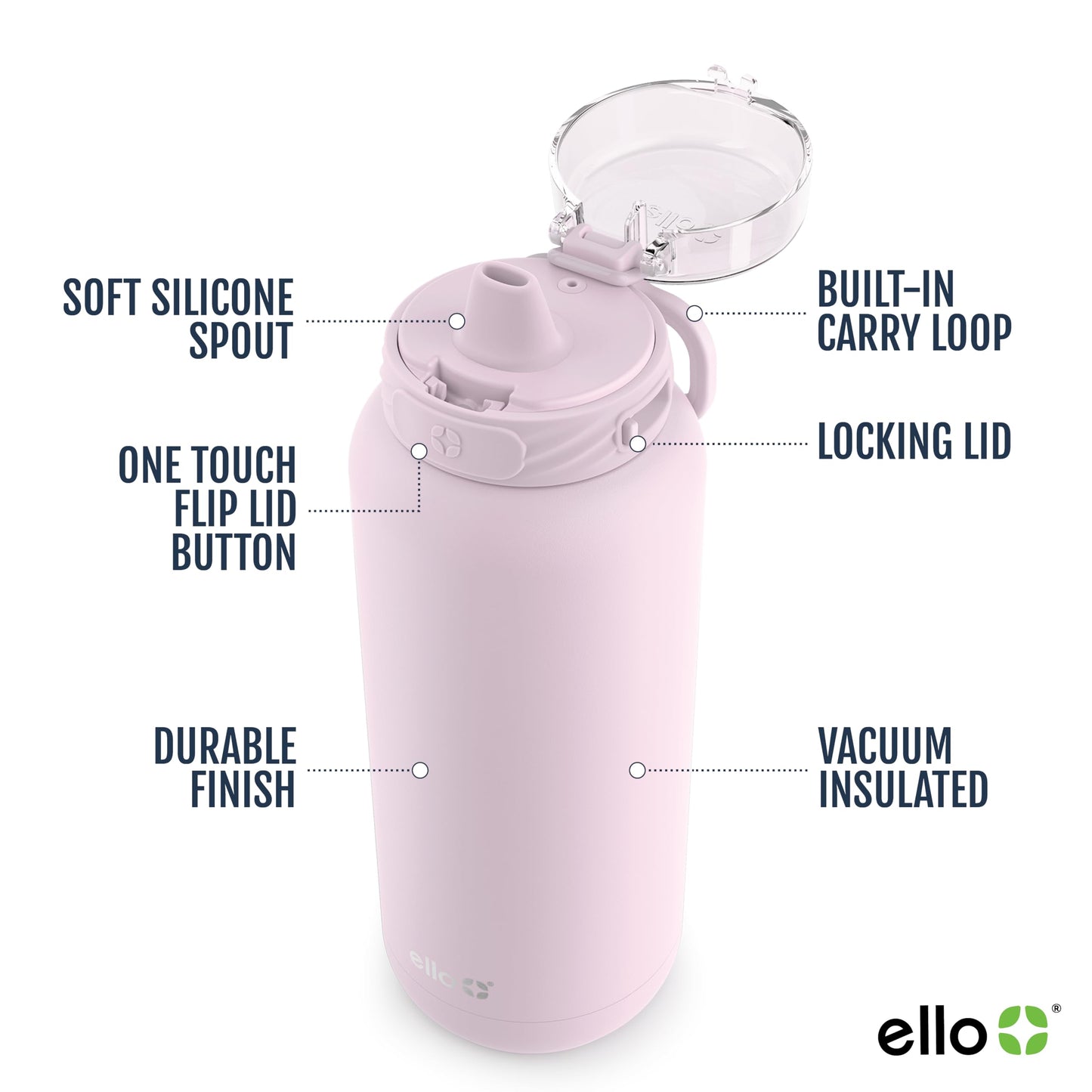 Ello Cooper Vacuum Insulated Stainless Steel Water Bottle with Soft Straw and Carry Loop, Double Walled, Leak Proof, Cashmere Pink, 32oz