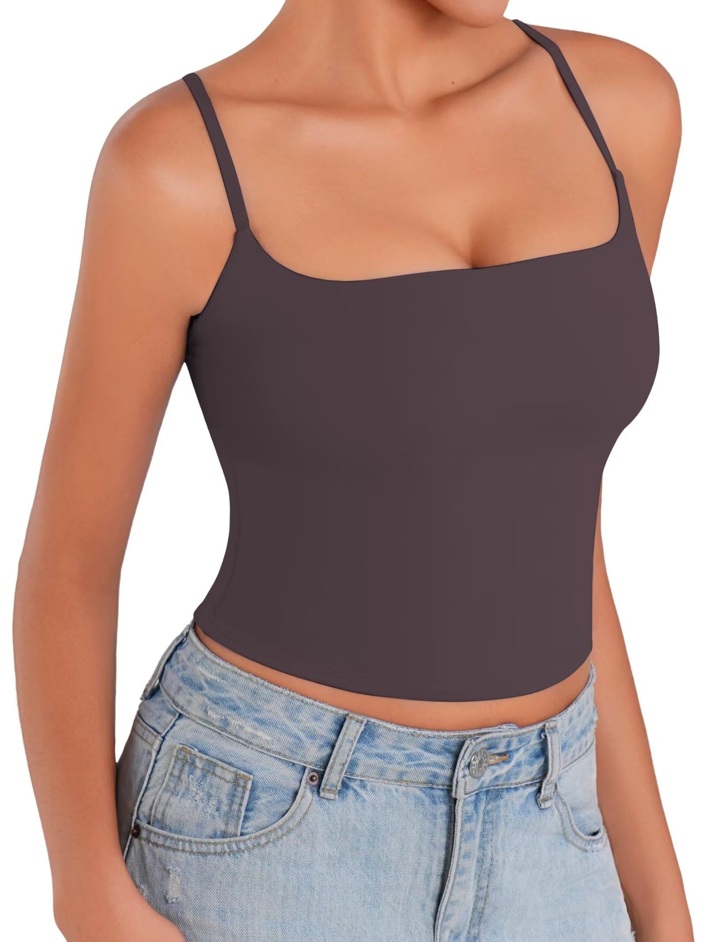 Sunzel Spaghetti Strap Tank Top for Women Double Lined Camisole Square Neck Cami Top Summer Undershirts Going Out Basics Seal Brown Small