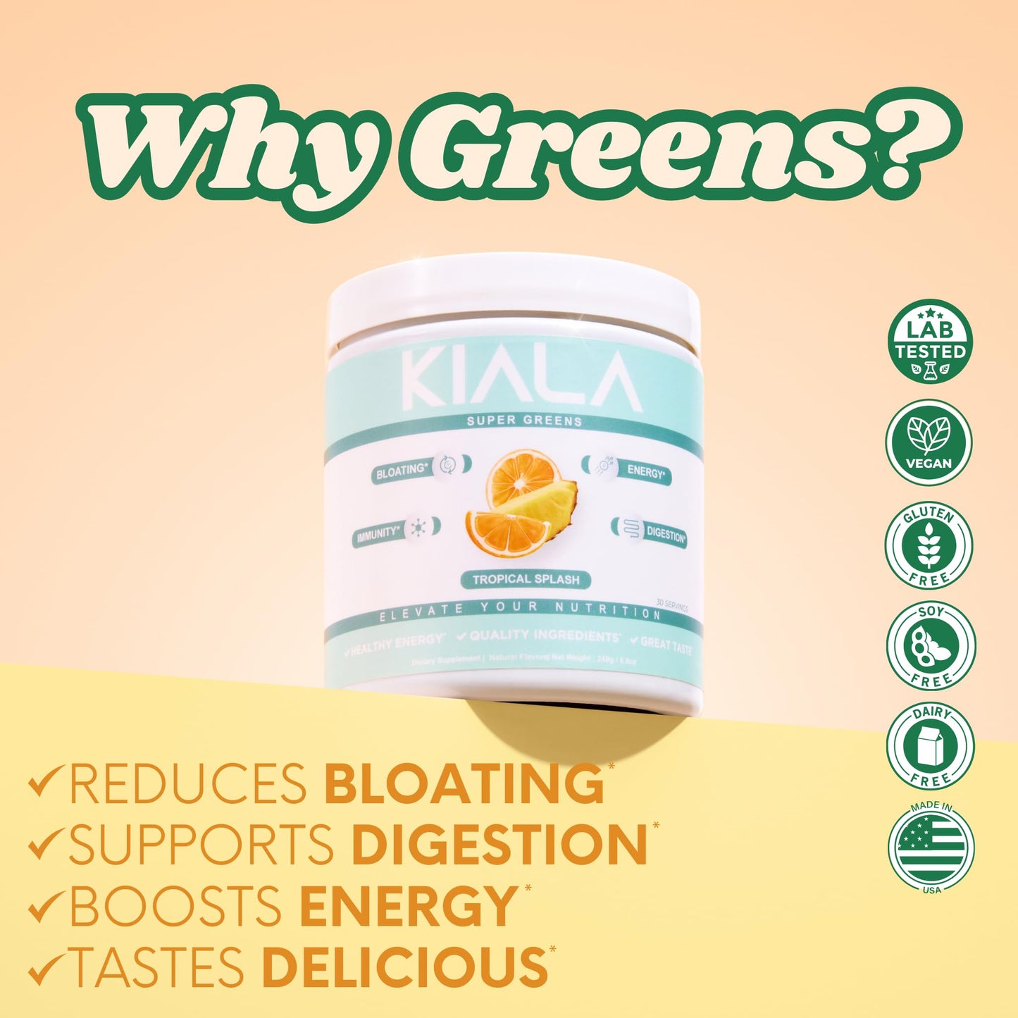 Kiala Nutrition Super Greens, Organic Greens Powder with Spirulina & Chlorella for Digestion, Gut Health, Immunity & Energy, Gluten Free, Vegan, Tropical Splash + Miami Vice, 30 Servings Each