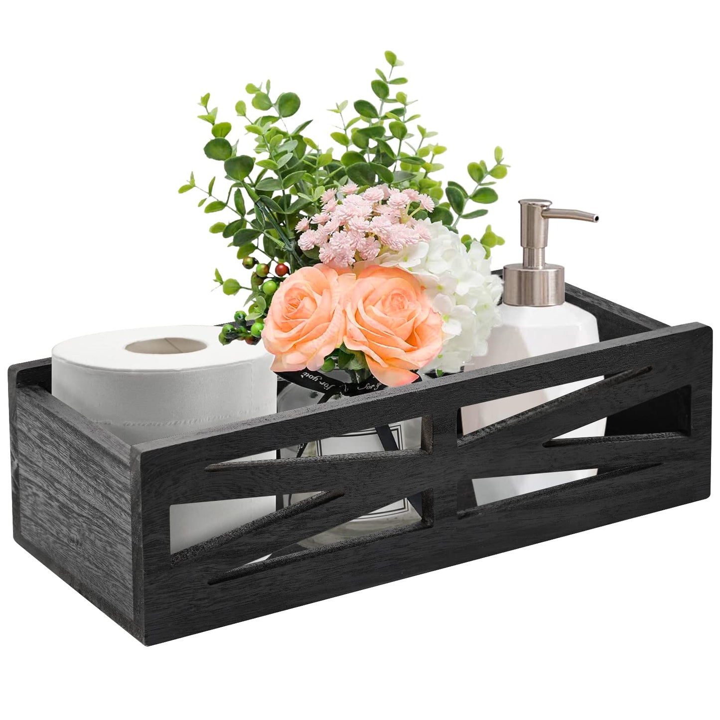 Wooden Bathroom Decor Box, Rustic Toilet Tank Holder, Farmhouse Toilet Paper Organizer Holder Storage Box Perfect for Living Room, Table Counter and Kitchen (Black)