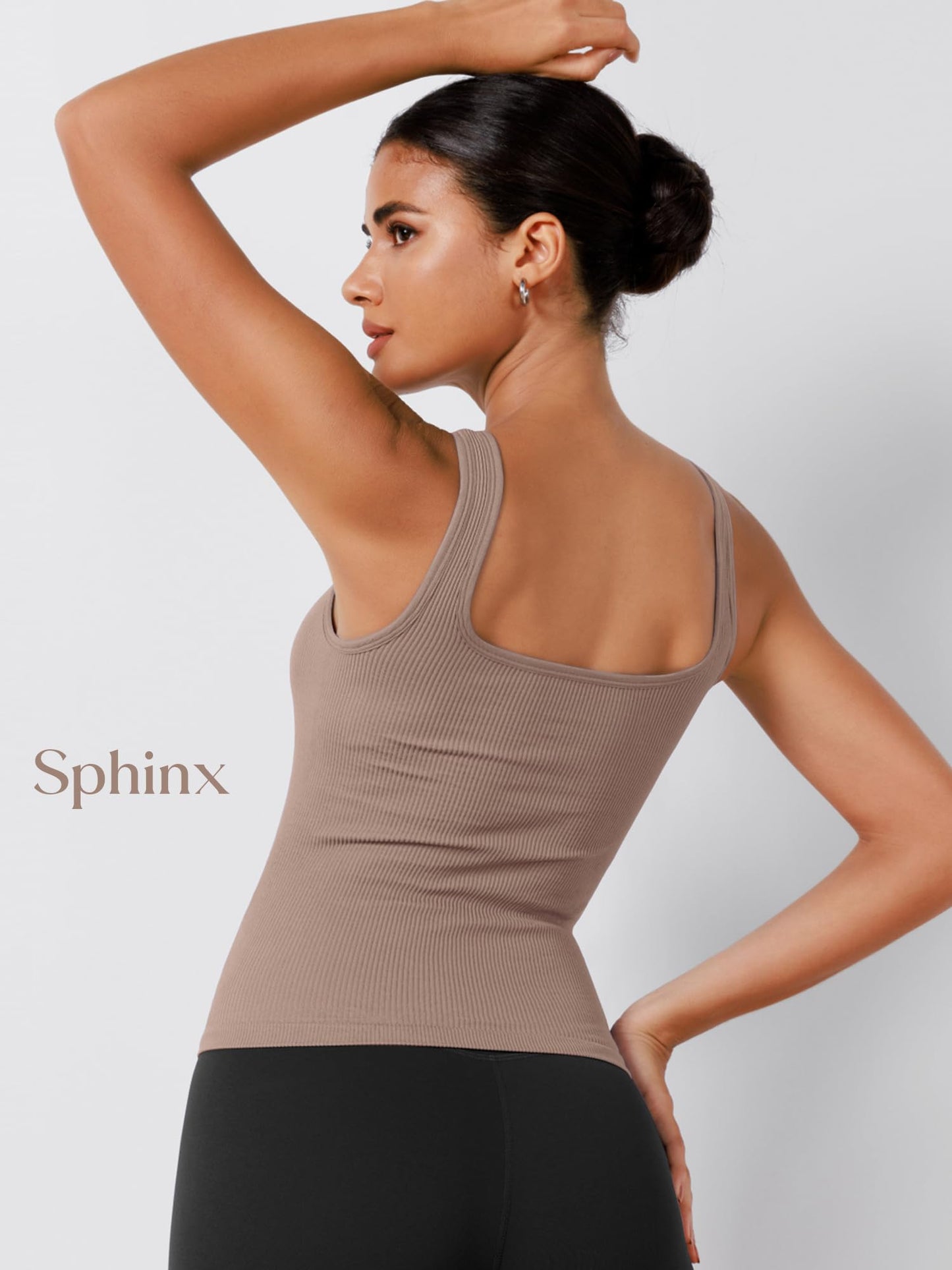 ODODOS 3-Pack Seamless Square Neck Tank for Women Ribbed Knit Soft Low Back Sleeveless Tops, Waist Length, Ivory+Dusty Blue+Sphinx, X-Large/XX-Large