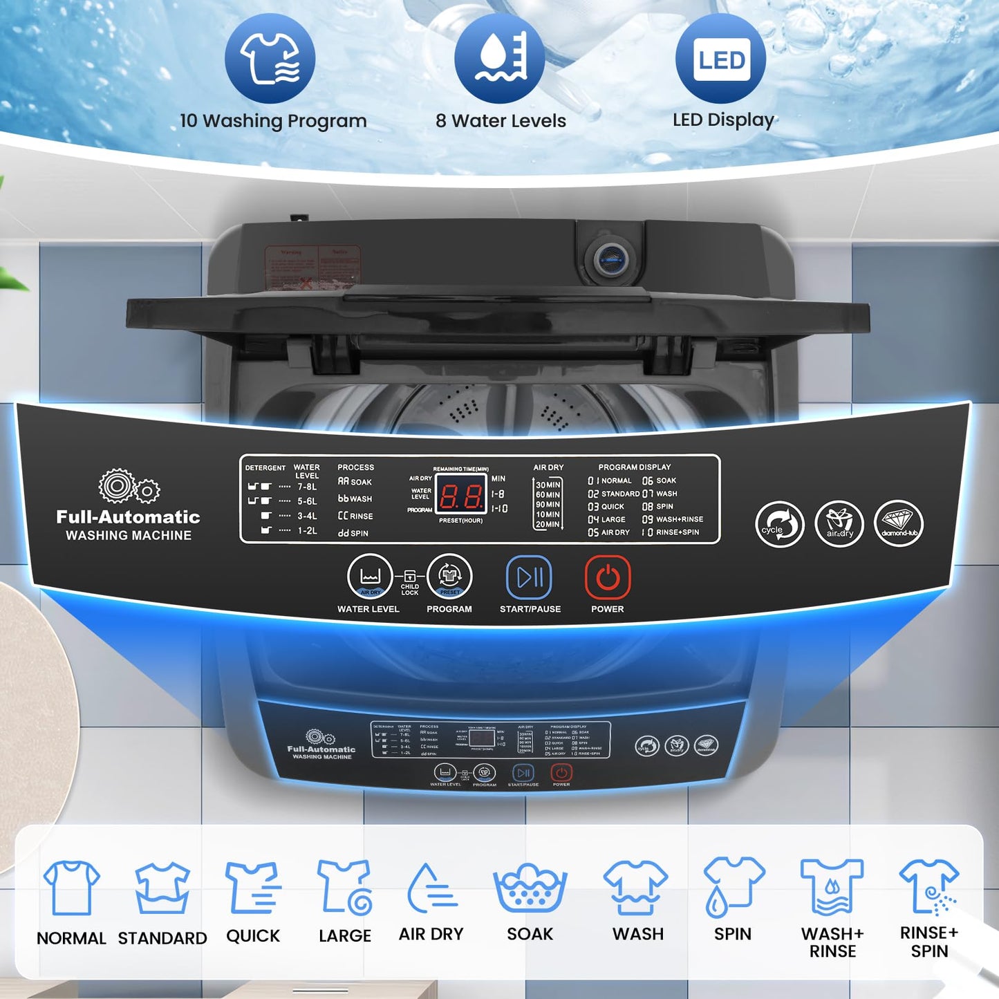 Nictemaw 17.8Lbs Portable Washing Machine, 2.4Cu.ft Full Automatic Portable Washer with 10 Wash Programs, 8 Water Levels & Drain Pump, Compact Laundry Washer for Home, RV, Dorm