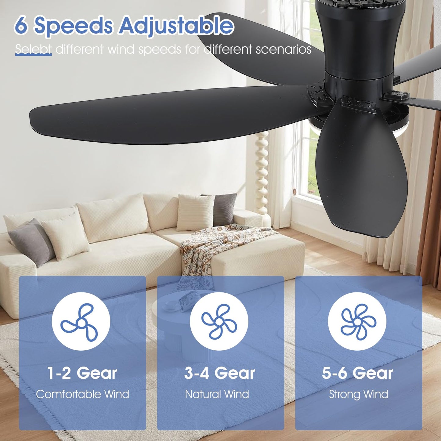 Surtime 42" Ceiling Fans with Lights-Low Profile Ceiling Fan with Light and Remote/APP Control,Flush Mount,DC Reversible,LED Dimmable Black Ceiling Fans for Bedroom,Indoor/Outdoor Patio Use