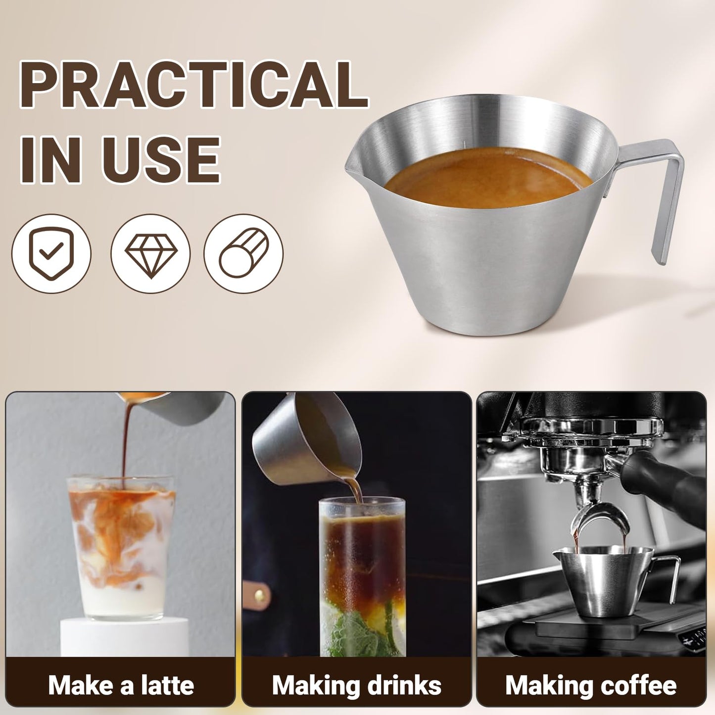 Clipore 4 pc Stainless Steel Espresso Cups with Handle Dual Spout Measuring Cup for Coffee or Sauce Use, Send Goods from Local Warehouse