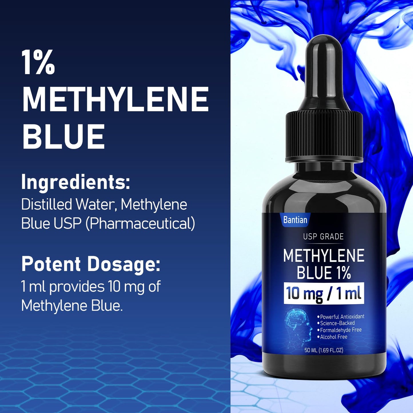 Methylene Blue 1%, Methylene Blue Pharmaceutical Grade Glass Bottle with Dropper, Liquid Methylene Blue for Humans, Formaldehyde & Alcohol-Free, 50 ml