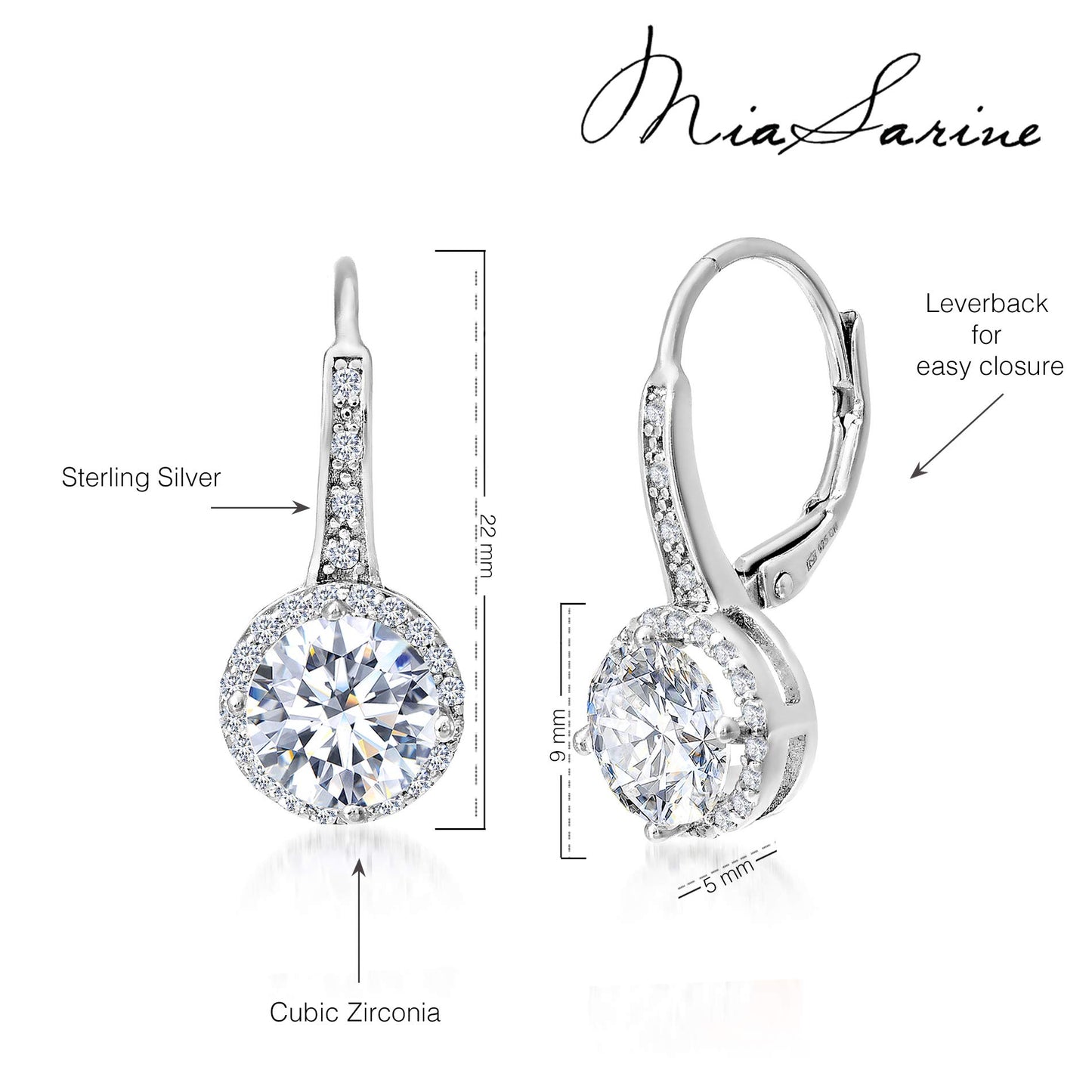 Mia Sarine Rhodium Plated 925 Sterling Silver Cubic Zirconia Halo Leverback Dangle Bridal Earrings for Women White