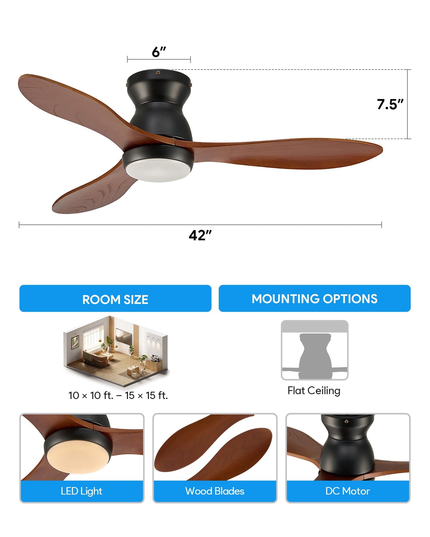 VONLUCE Ceiling Fans with Lights, 42 Inch Ceiling Fan and Remote, 6-Speeds Noiseless Reversible DC Motor, 3CCT, Wood Ceiling Fan for Farmhouse Bedroom Indoor Outdoor, Black