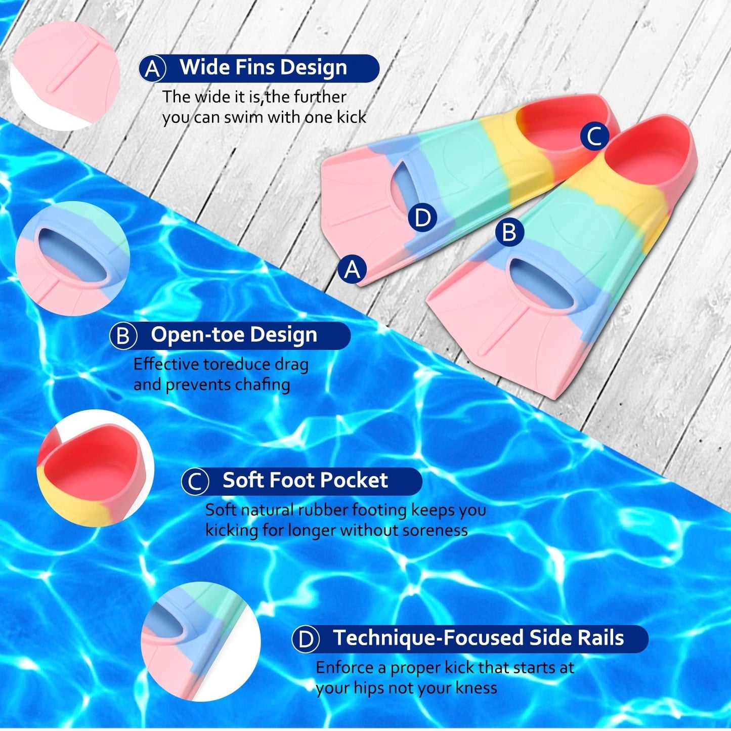 Foyinbet Kids Swim Fins,Short Youth Flippers Swimming Training Fins for Lap Swimming and Training for Children Girls Boys Beginners XS